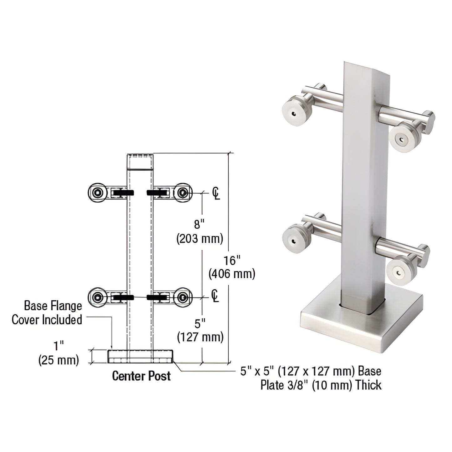 PWC1CBS brushed 316 stainless center mini post for glass railing, 16in tall, 5x5 base, 4 mounting holes.