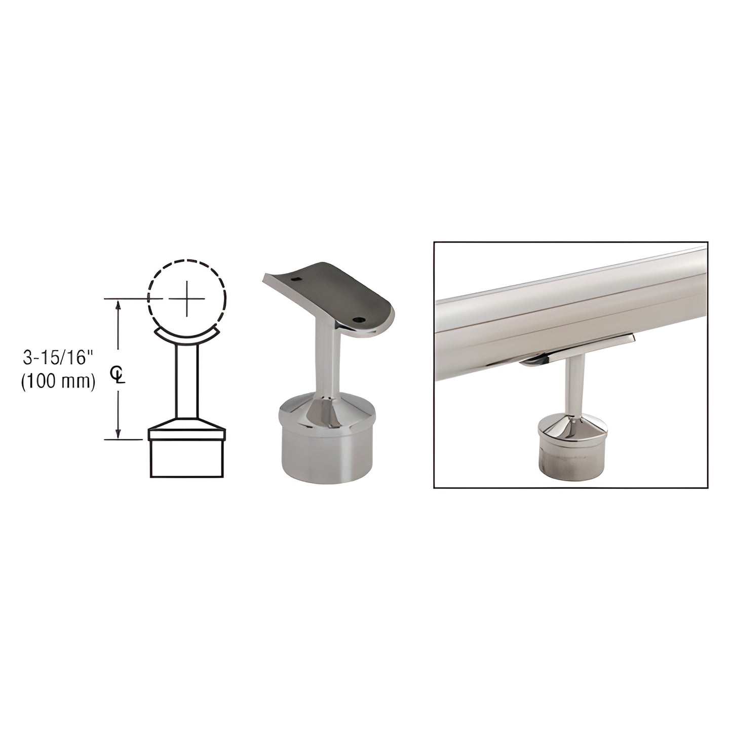 HR20VSBS brushed stainless steel straight saddle handrail support, 2-3/4 in centerline, ready-to-install.