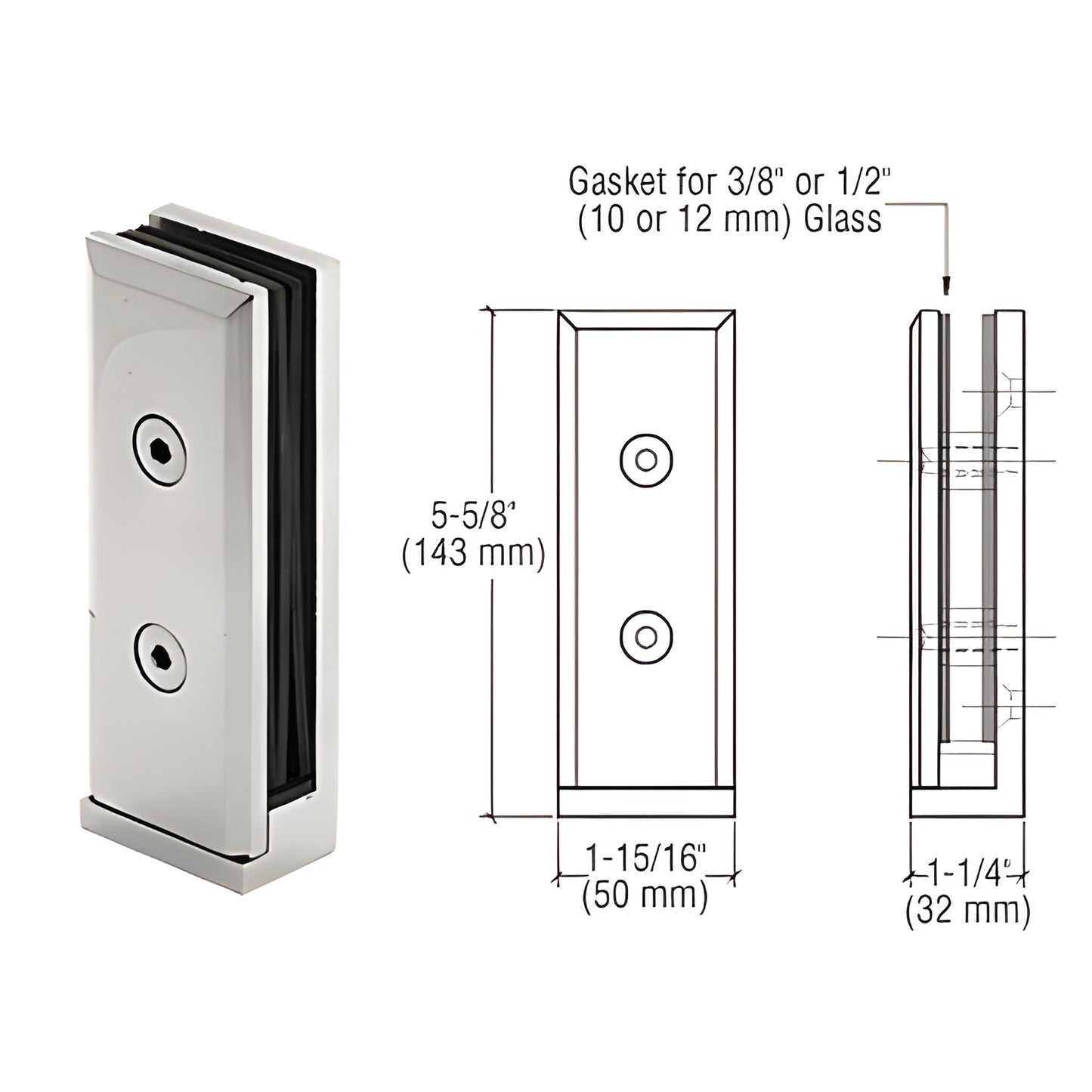 AFWC7 polished stainless steel two-piece surface-mount glass clamp for 3/8-1/2" (10-12mm) glass, 5-5/8" tall