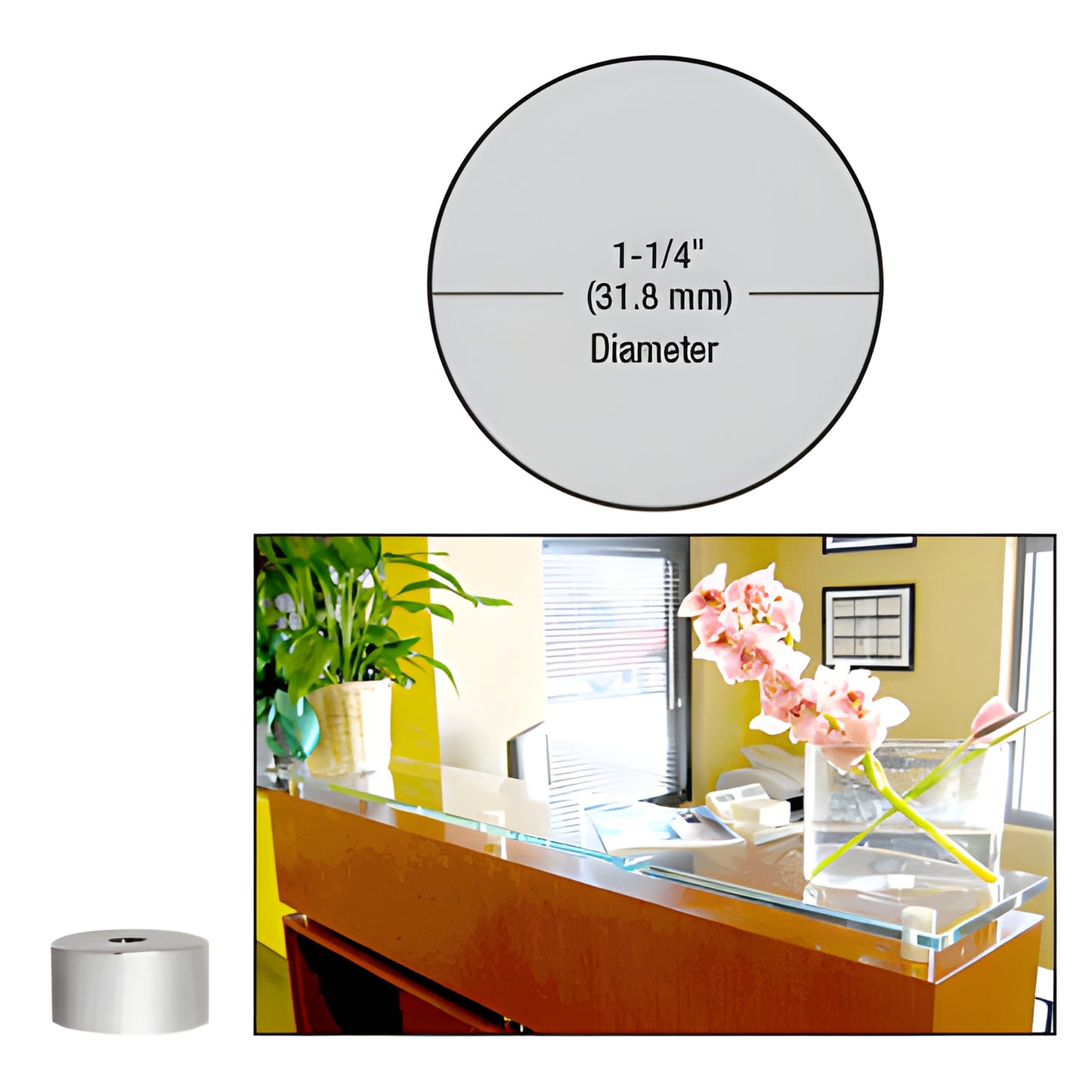 Satin chrome brass 1-1/4" glass standoff (SKU S0B11412SC) shown mounted on glass shelf