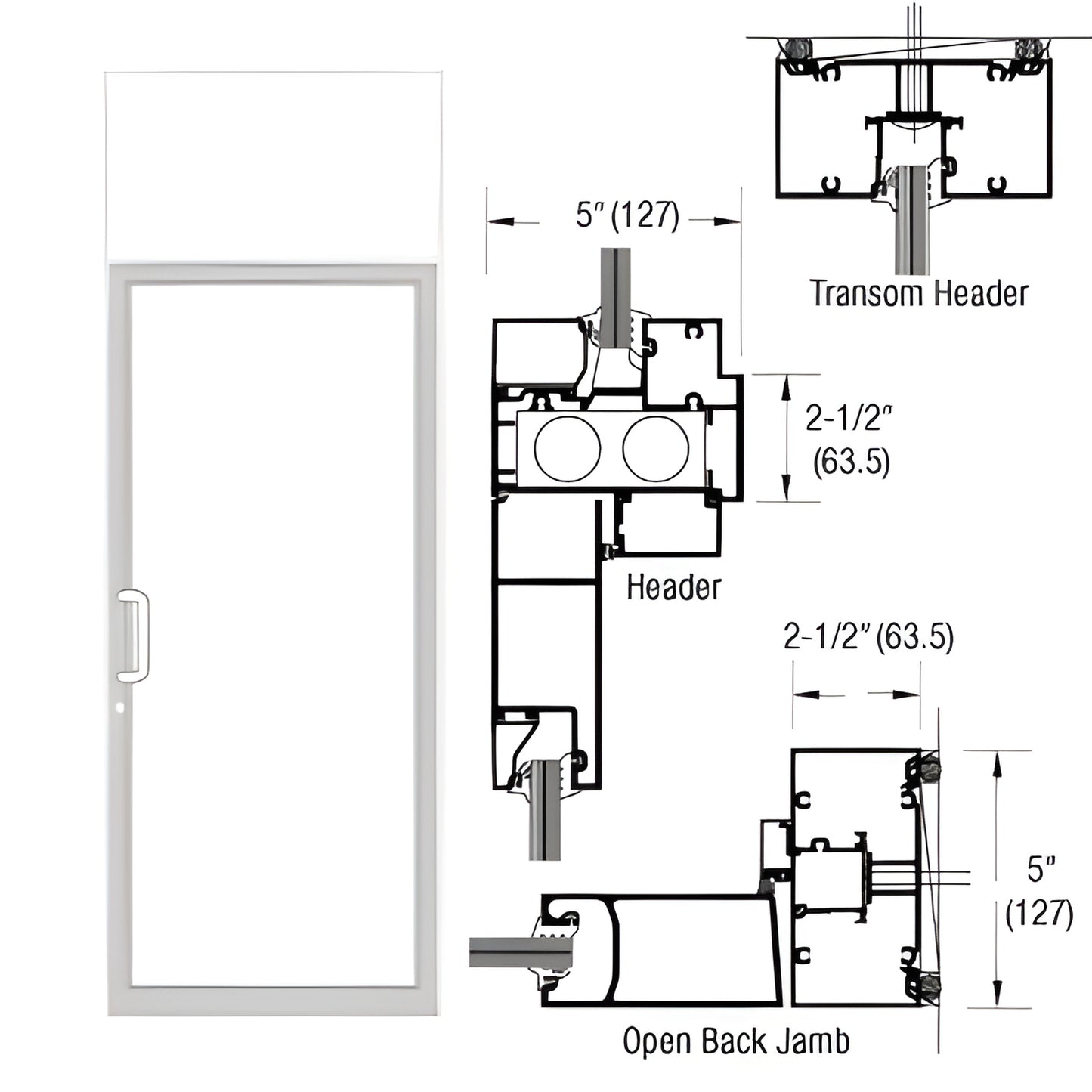 White Kynar transom door frame with transom and technical cross-section drawings, TH811 threshold. SKU 0F61952