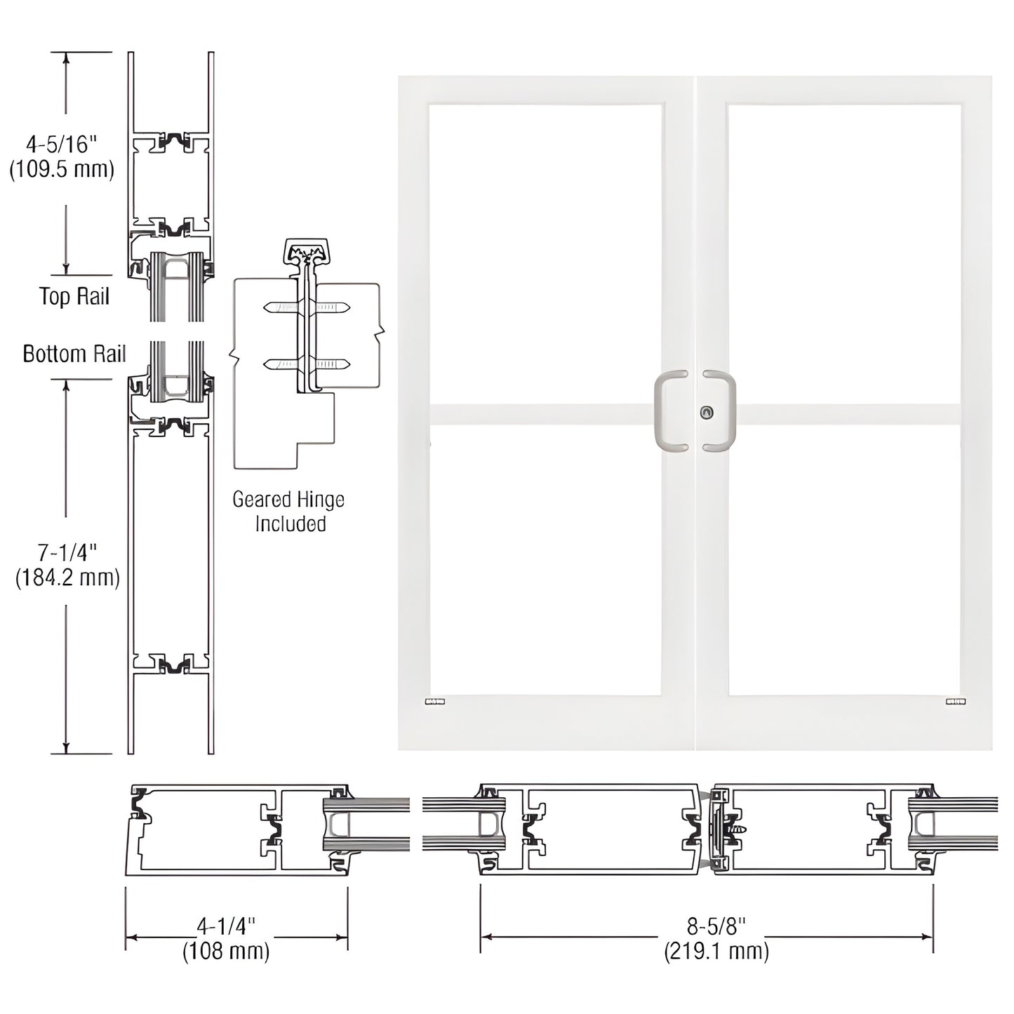 CRL medium stile double entrance door in white Kynar with 4-1/4" stiles and concealed panic hardware. SKU 1Z42852