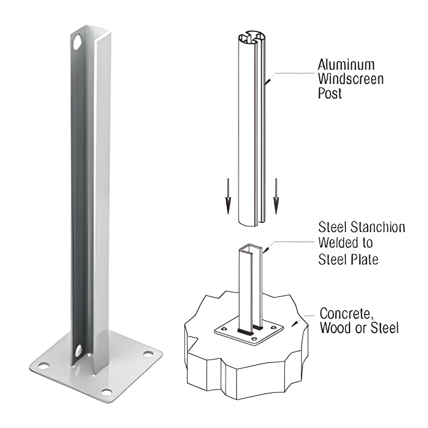 PSB2BS: silver zinc-plated welded steel stanchion with 5" square base plate, 1/2" mounting holes, for surface mounting.