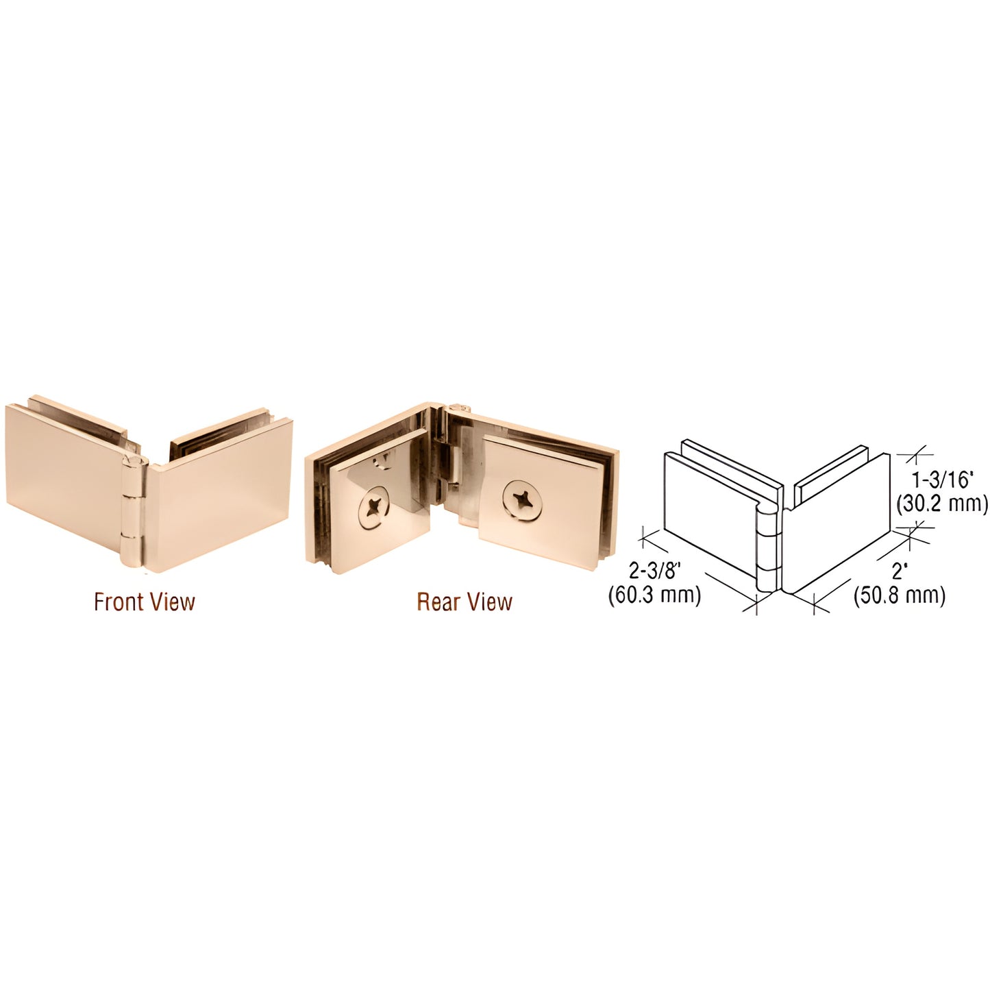 EH138 polished brass 90 glass-to-glass showcase hinge for 1/4" (6mm) glass, 2" 1-3/16" compact hinge.