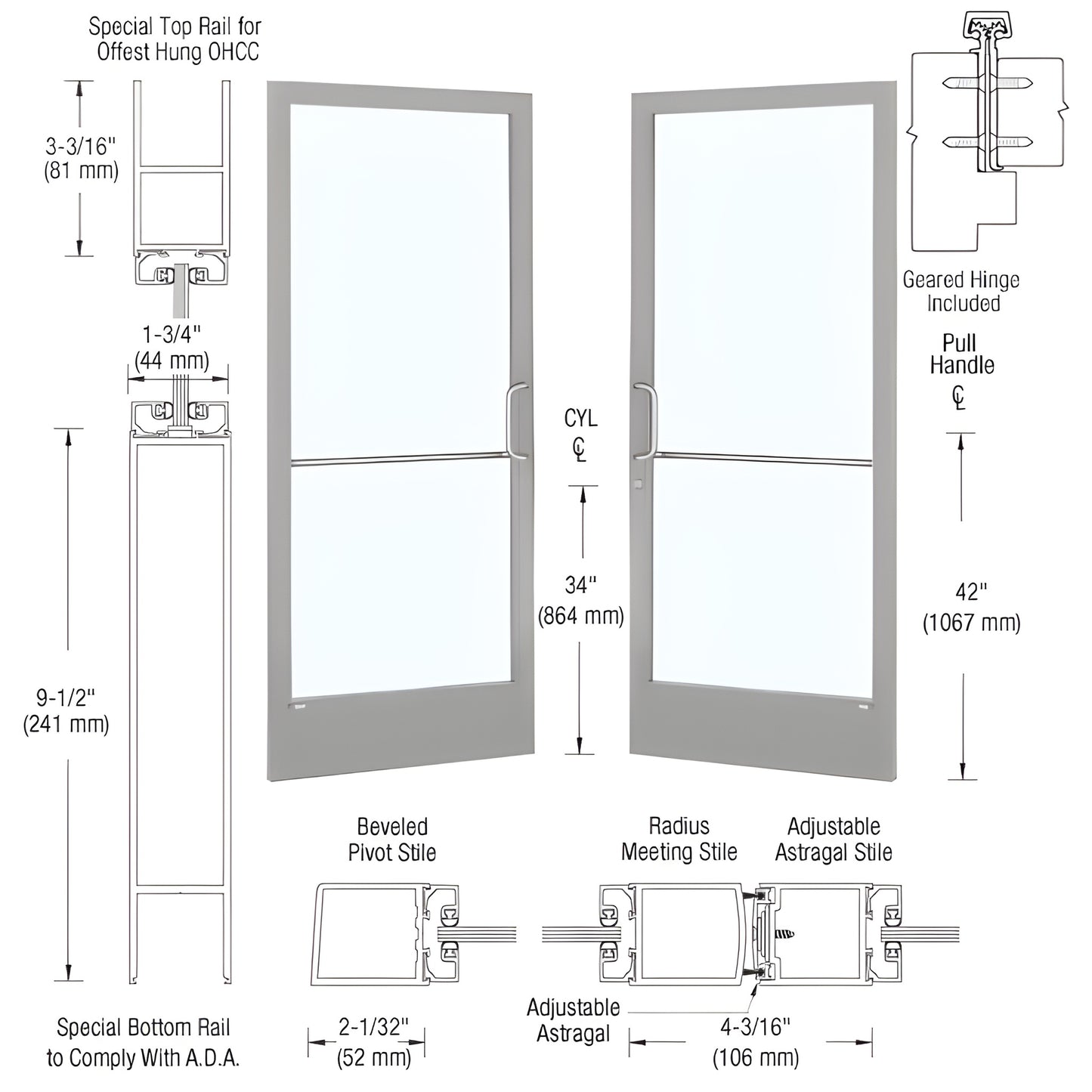 CD22911 CRL narrow-stile commercial entrance door, clear anodized, 2" stiles, 9.5" ADA bottom rail, accepts 1/4" tempered gla