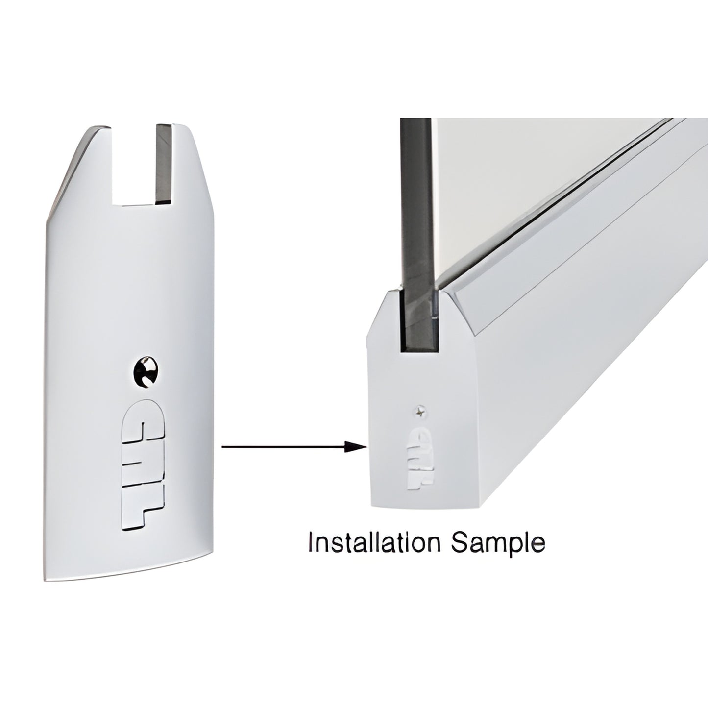 Polished stainless steel tapered 4 in. end cap (SKU SREC4TPS34) next to installed sample on a sidelite rail.