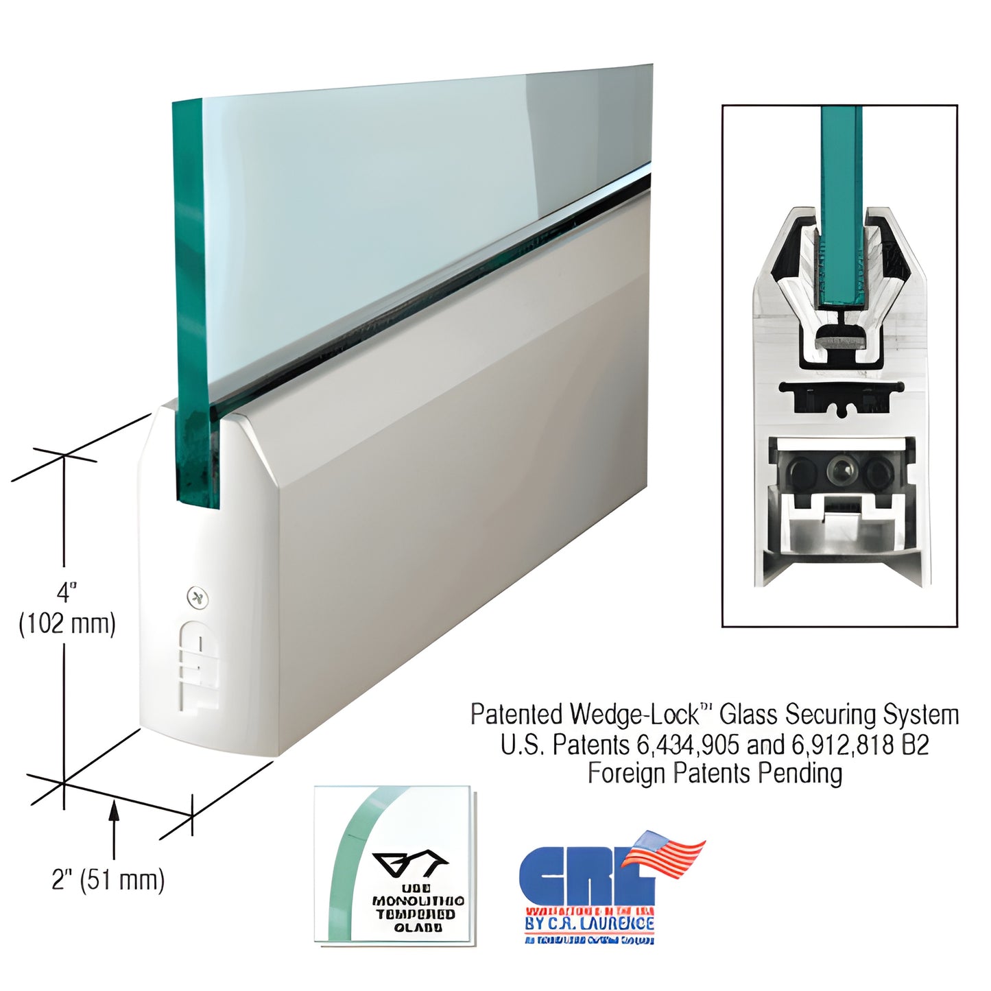 DR4TSA38S satin anodized 4" tapered aluminum door rail for 3/8" glass, Wedge-Lock securing system, 35-3/4" length