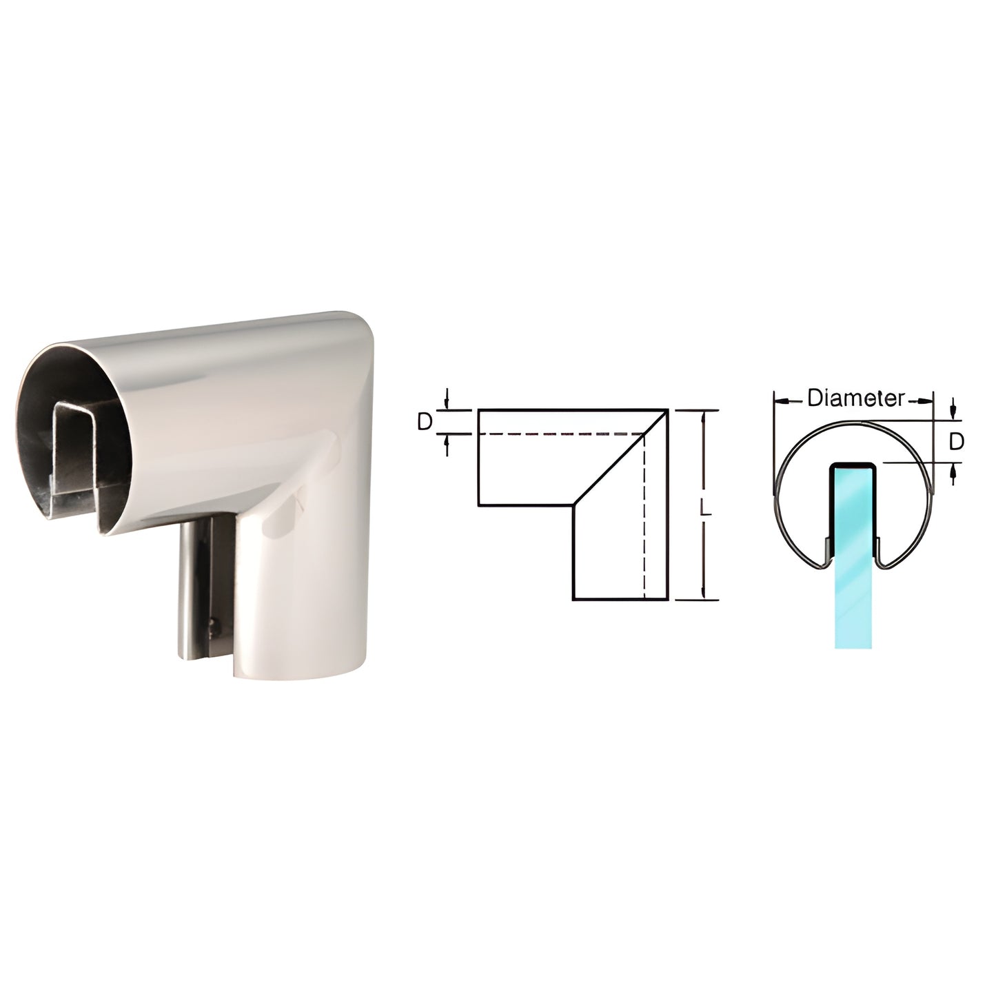 GR30VBS 90 brushed stainless steel vertical cap rail corner, 3 in. diameter, slip-fit for 1/2 or 5/8 in glass (photo + diagr