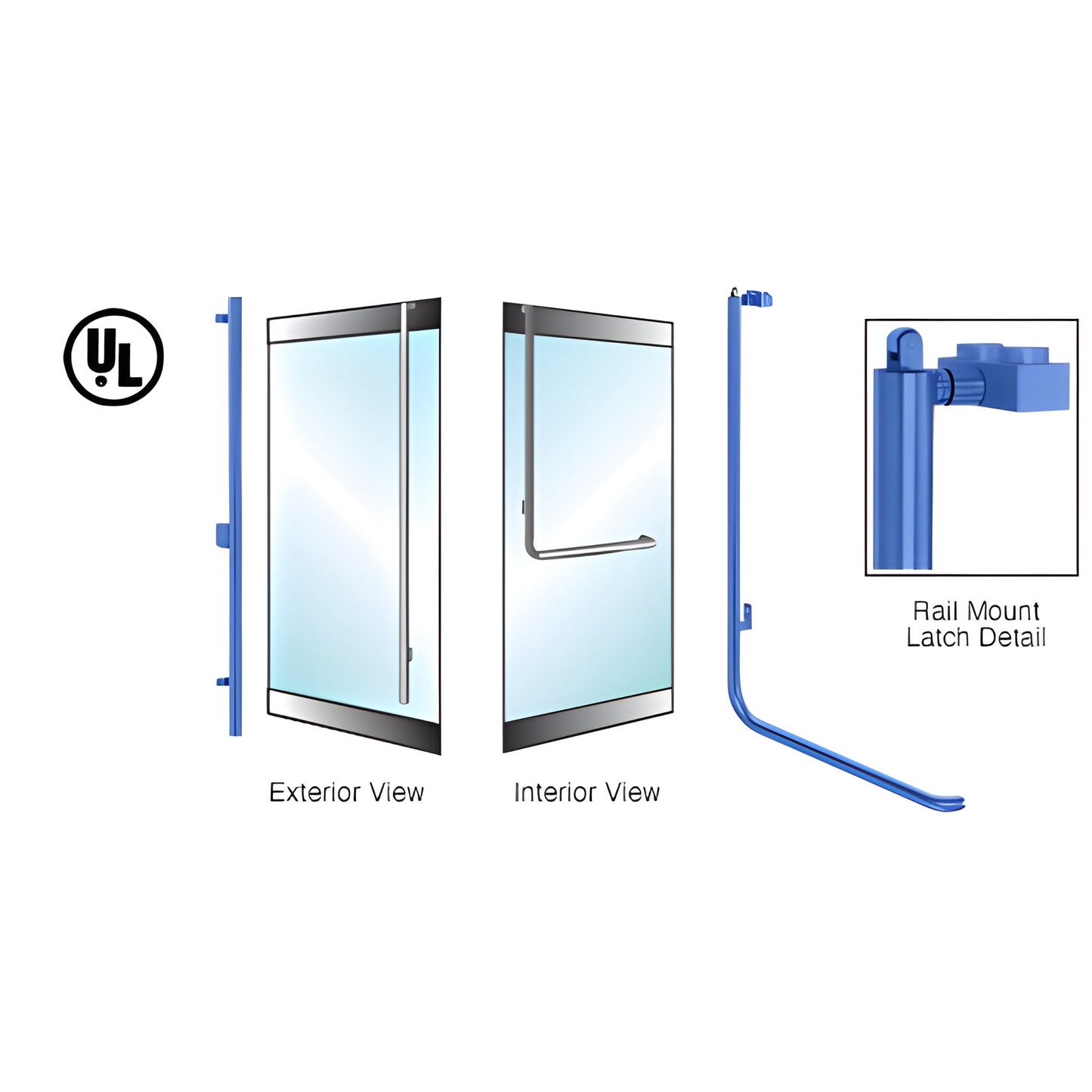 PA100FS4RPPT rail-mount panic handle for 1/2 in. glass doors, 1-1/4 in. stainless steel powder-coated vertical panic bar (lef