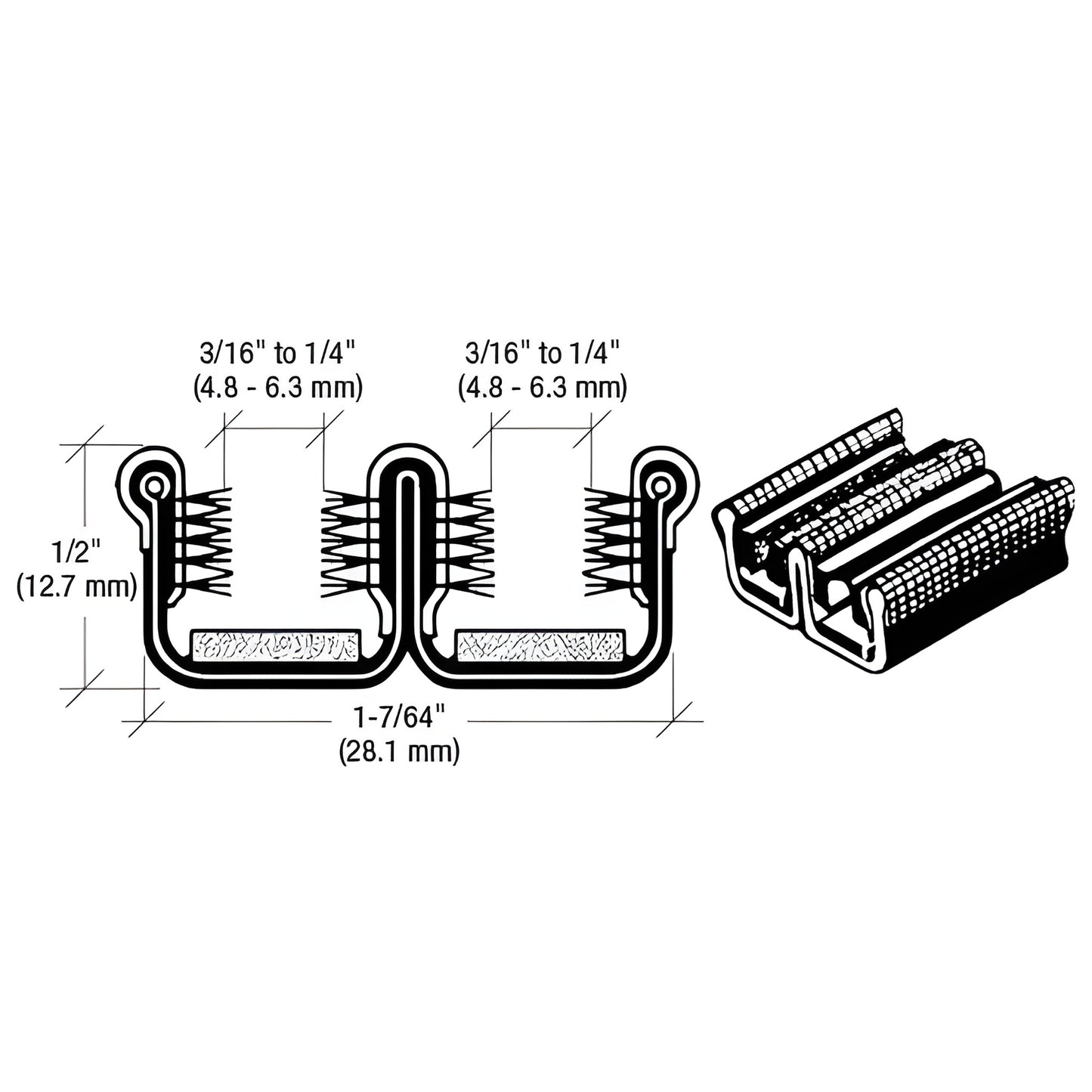 CRL SKU 3J496 double-wide black rubber window channel for buses/trucks, felt-lined, fits 3/16-1/4" glass, 1/2" high