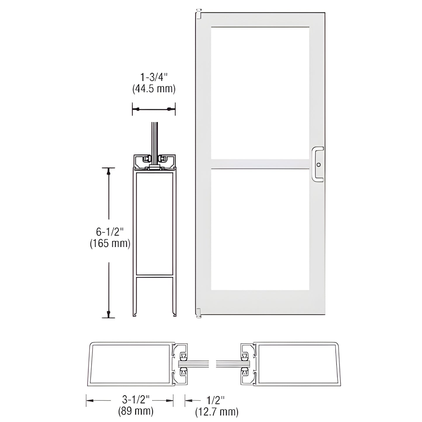White Kynar medium-stile commercial door drawing, two glass panels, offset pull handle, dimensions - SKU DZ41252R036