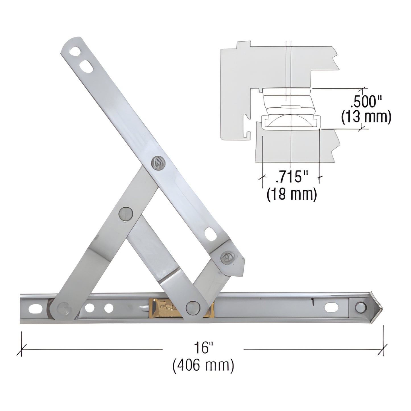 Stainless steel CRL 4-bar window hinge, 16" length, non-handed, supports 40 lb (SKU 430116)