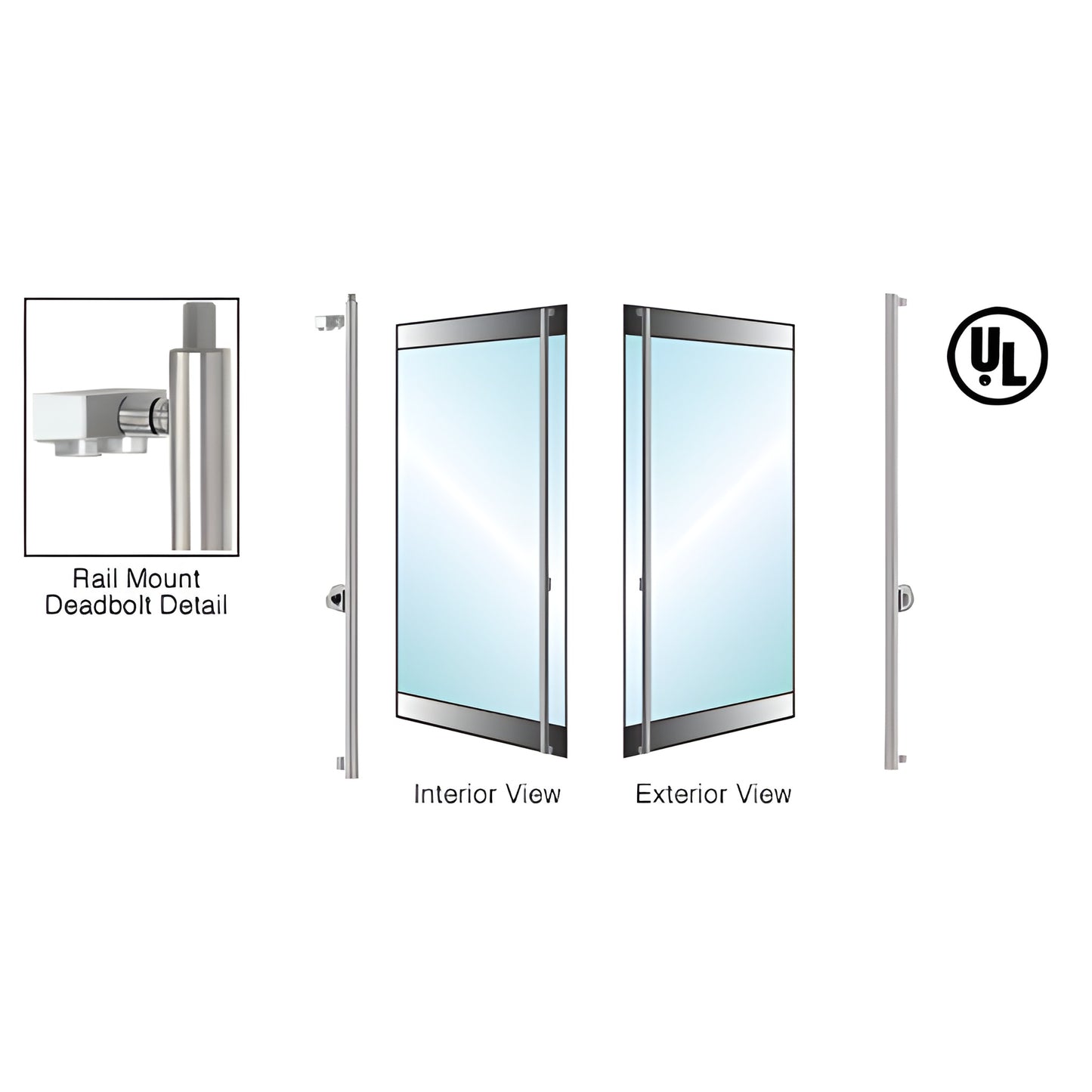 Brushed stainless 1-1/4" rail-mount deadbolt handle for 1/2" glass doors, interior and exterior views (SKU DB130F1R1BS)