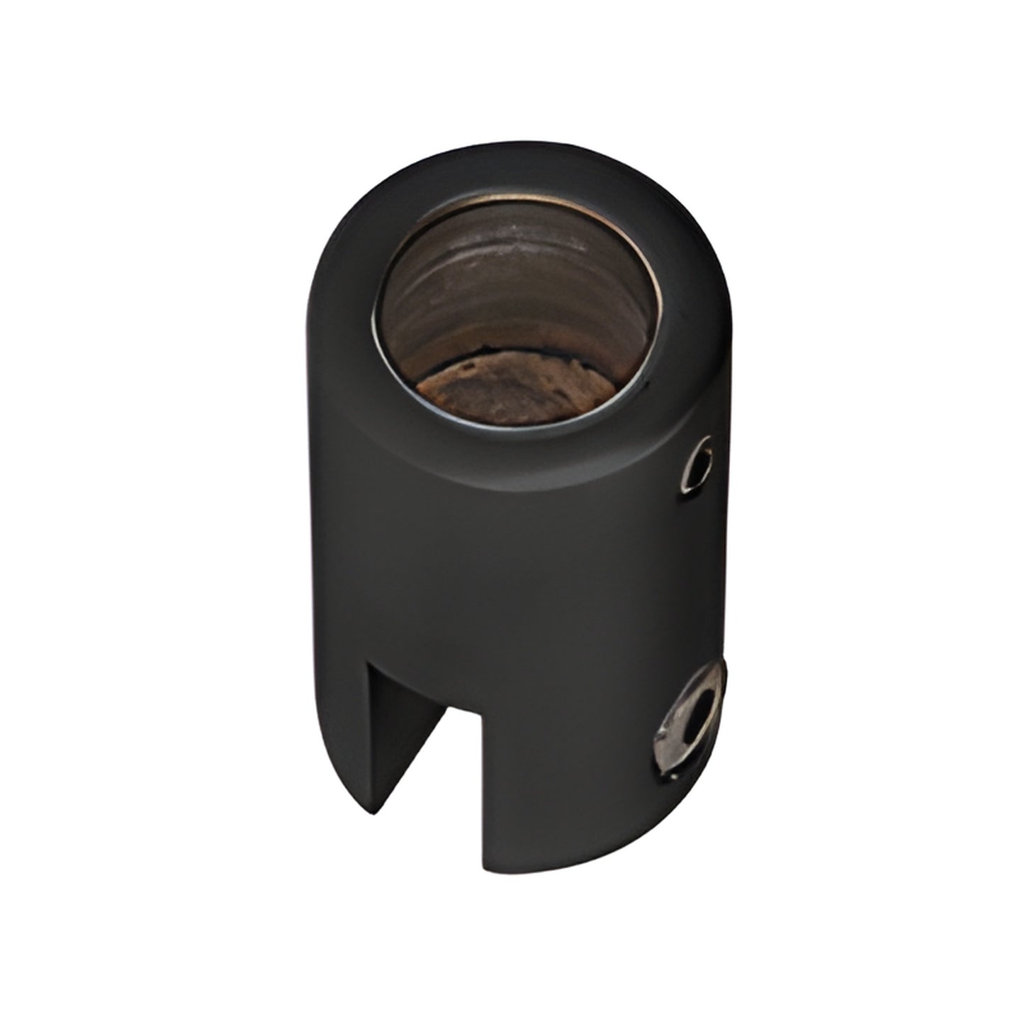 S9MBL matte-black brass support bar bracket for 6-8mm glass - cylindrical top-mount piece with slot for panel edge.