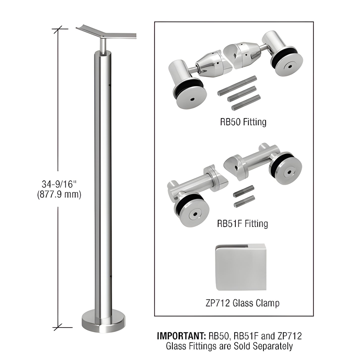 Stainless steel surface-mounted post railing kit P7F36APS, 36" post with base plate and welded top saddle.