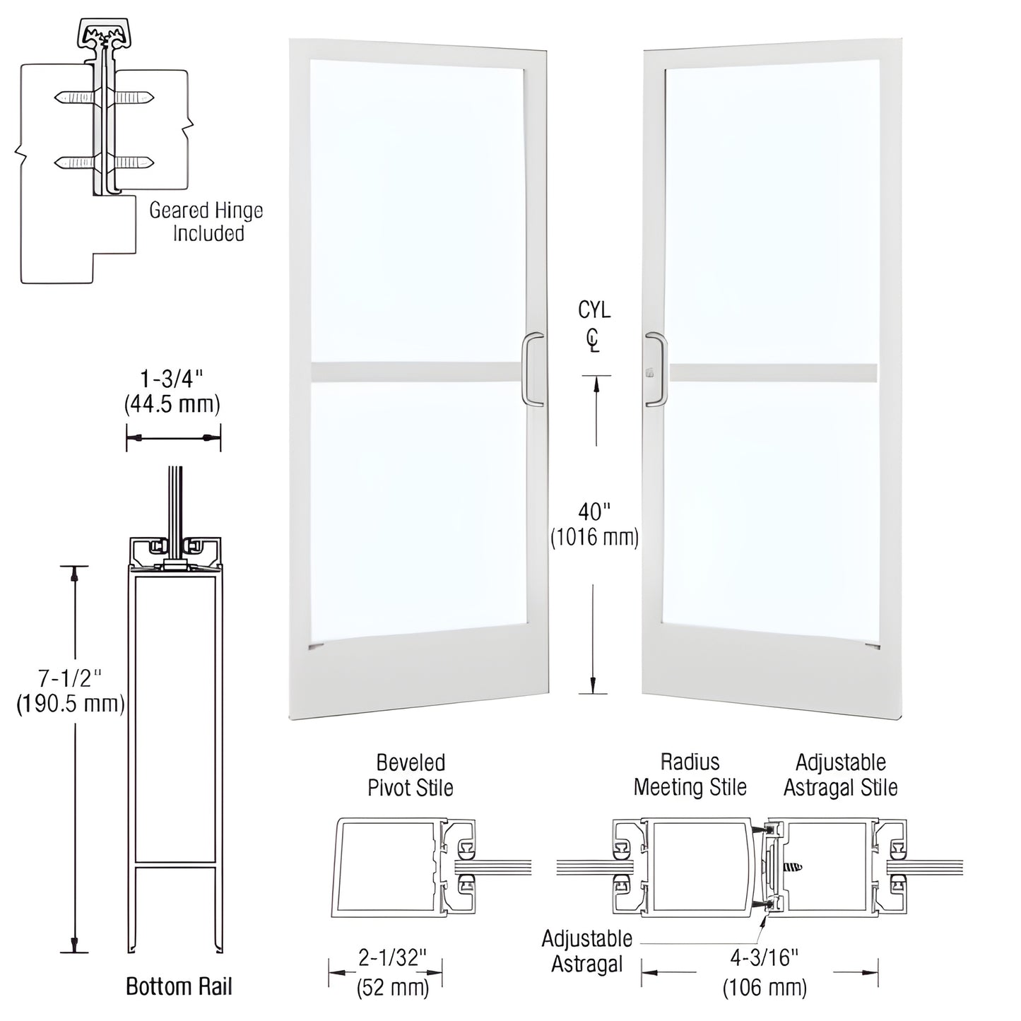 Pair of white Kynar narrow-stile glass entrance doors (2" stiles, 71 2" bottom rail) - SKU HZ22852