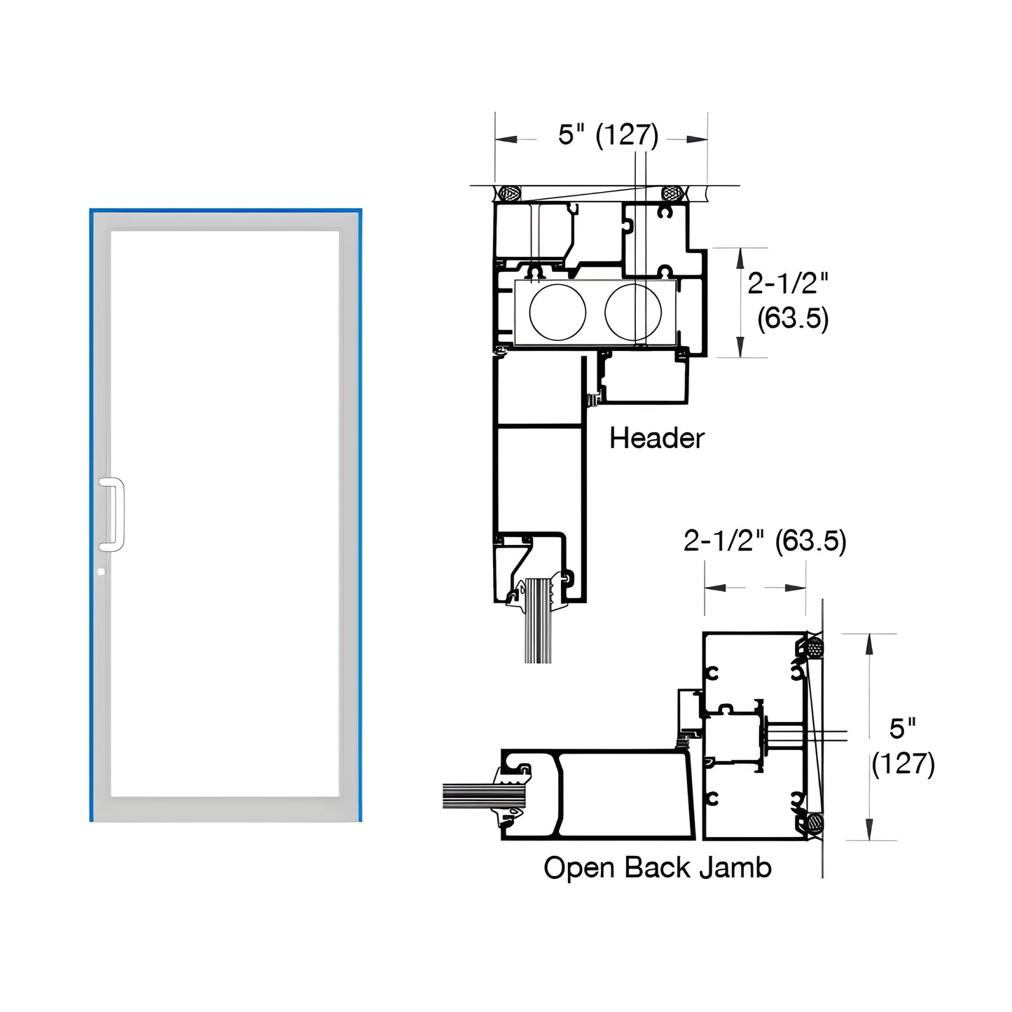 Custom Kynar single up/over hurricane impact door frame with TH811 threshold, hinge and closer prep, SKU 0F41471