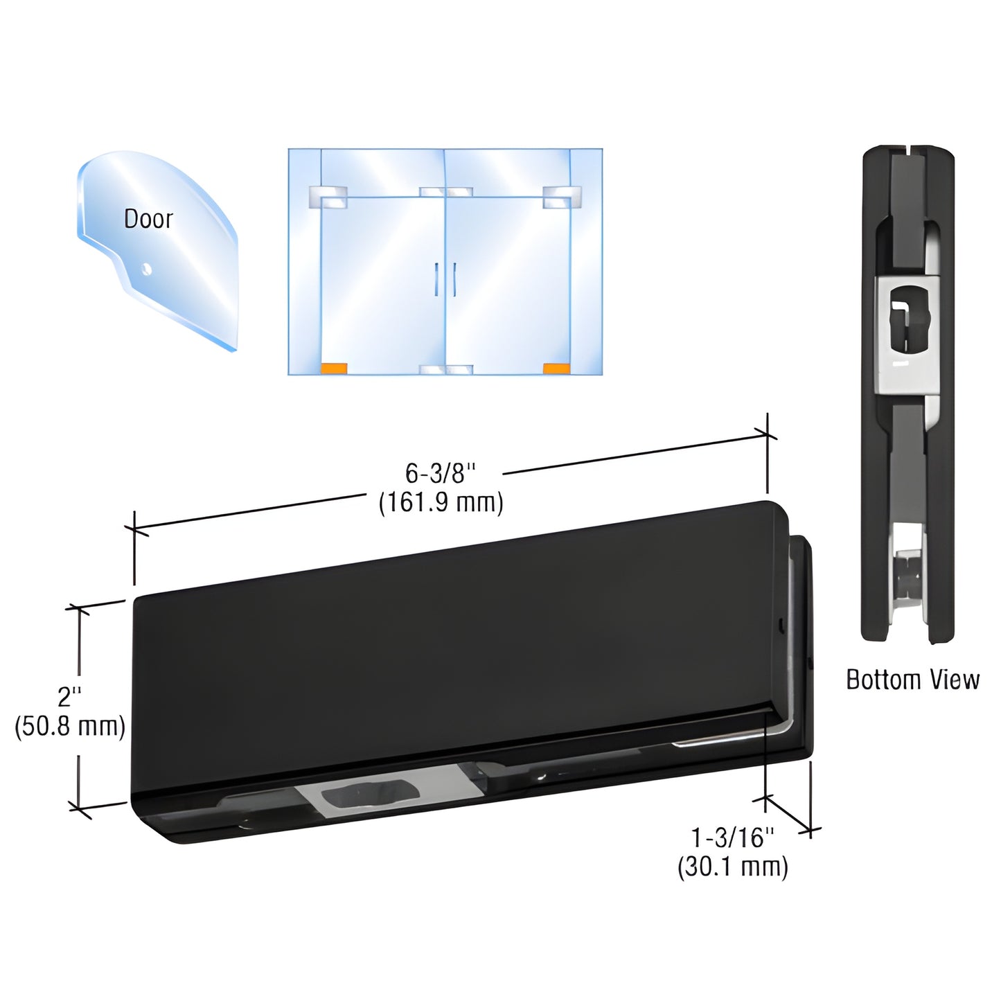 PH10CMBL matte black CRL bottom patch fitting for 3/8-1/2" tempered glass gates, 6-3/8" x 2" profile.