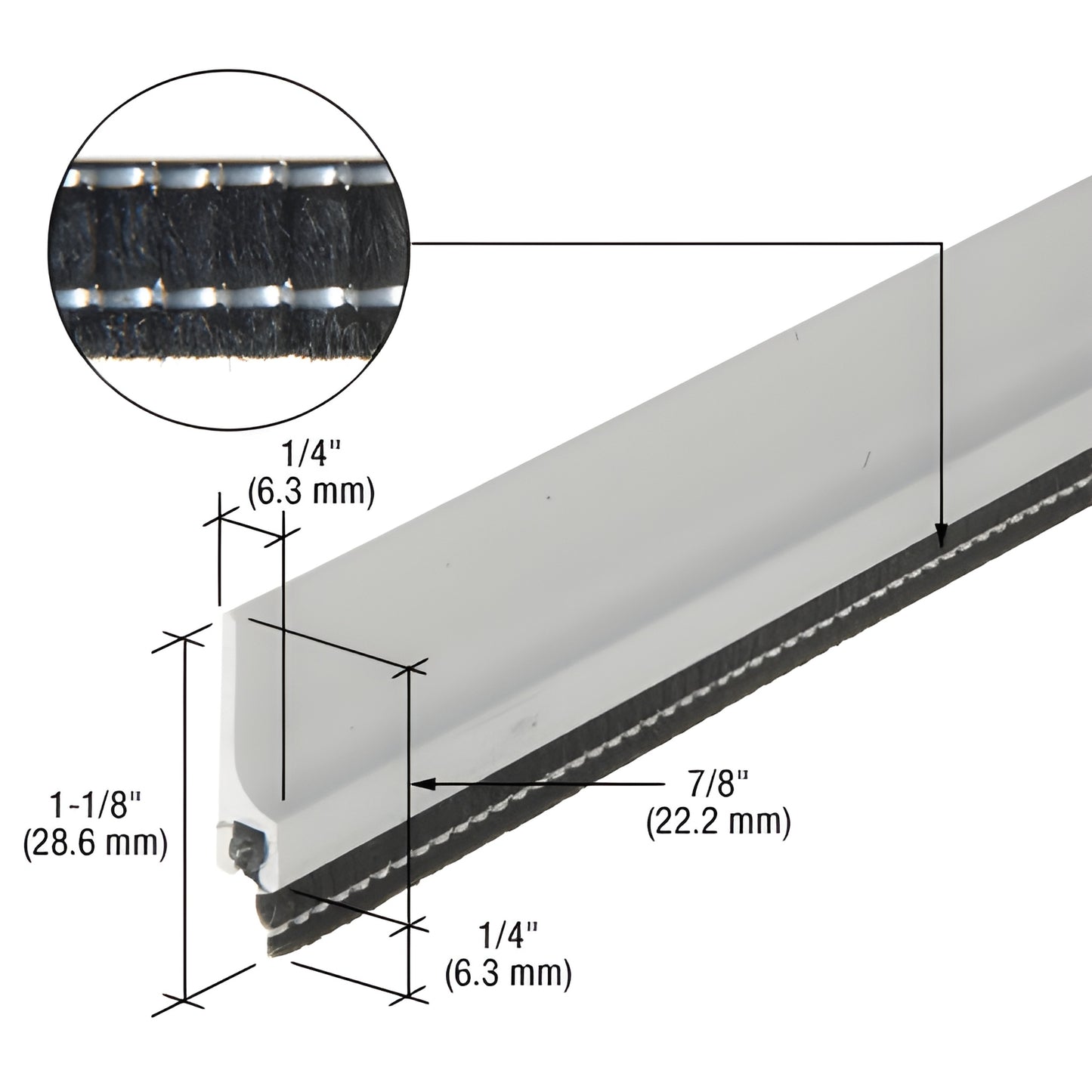 Clear anodized aluminum door sweep (SKU BW53611) with black brush seal, low-profile 1-1/8" H x 7/8" D.