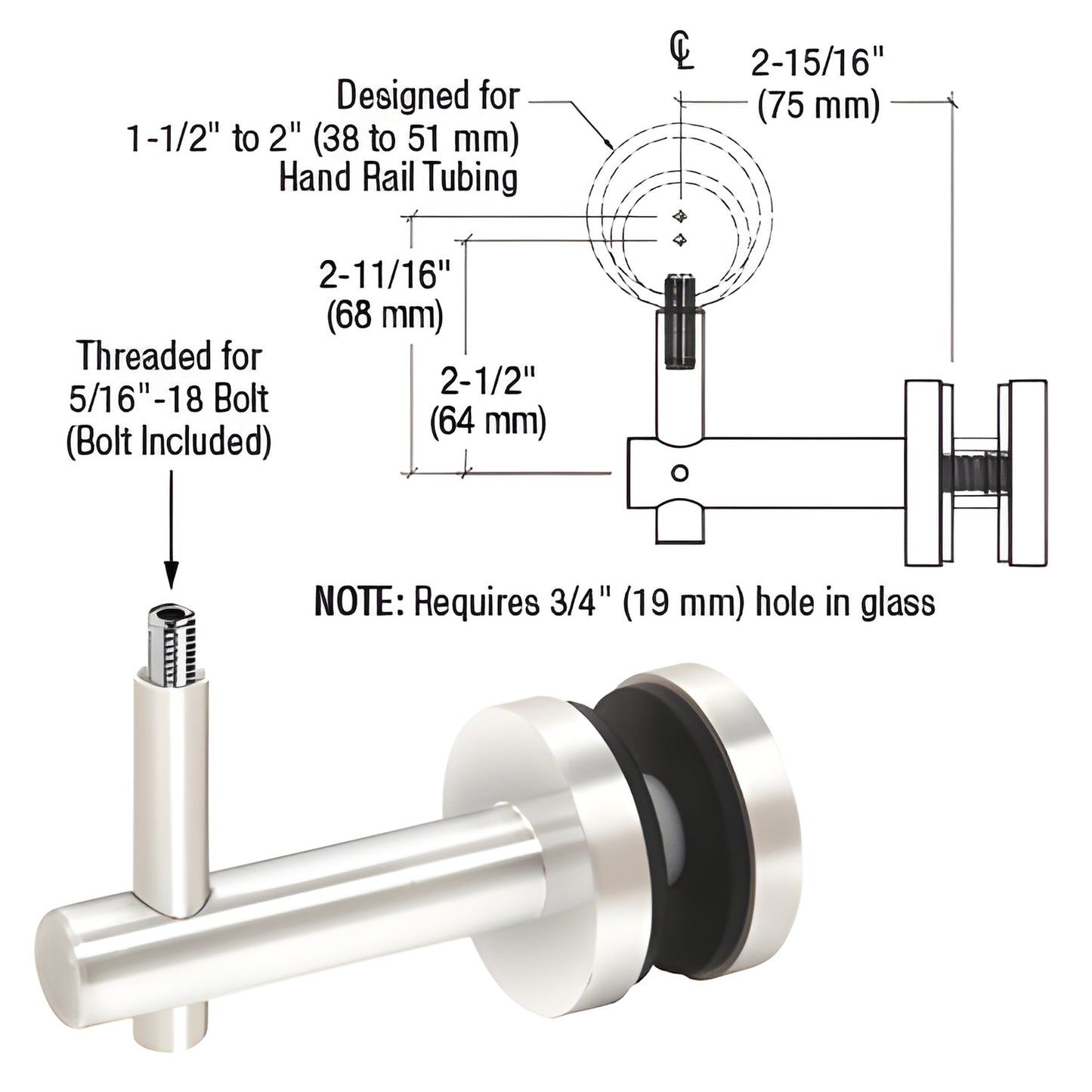 HR2FGPS polished stainless glass-mounted 2-way handrail bracket; fits 11 2-2 rail, 1/2-11 8 glass; requires 3/4 hole.