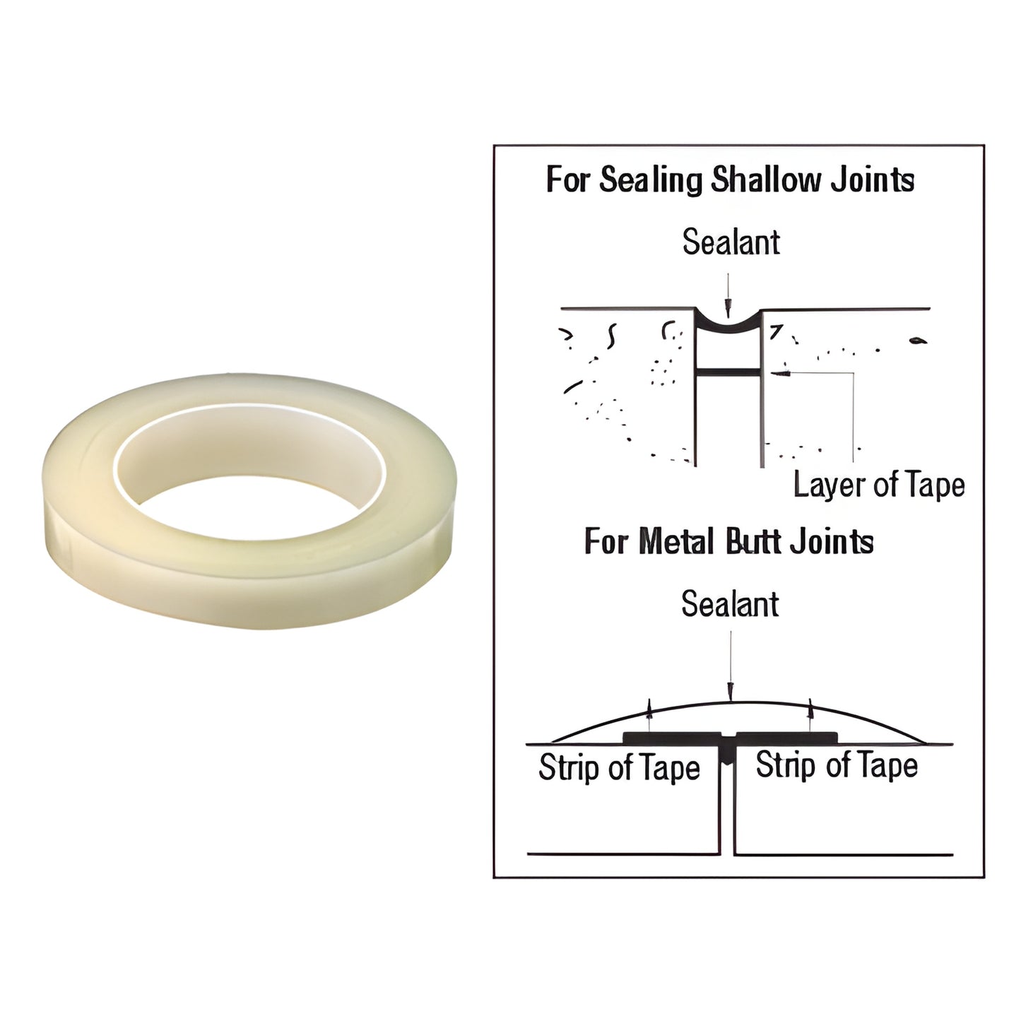 Clear CRL Bond Breaker Tape roll (SKU 827T38) beside diagram showing use in shallow joints and metal butt joints.