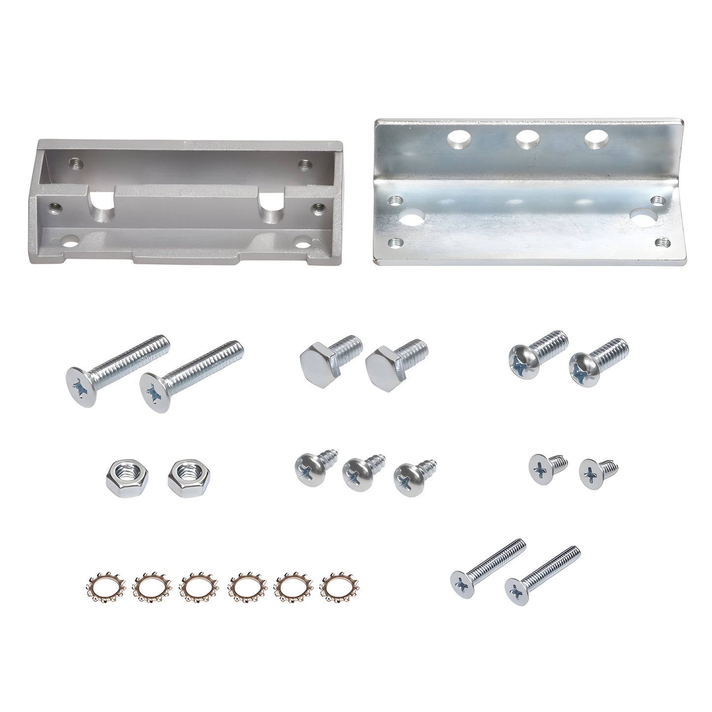 CRL8010FK overhead concealed closer mounting clip set - two L-brackets and assorted screws, nuts, washers on white background