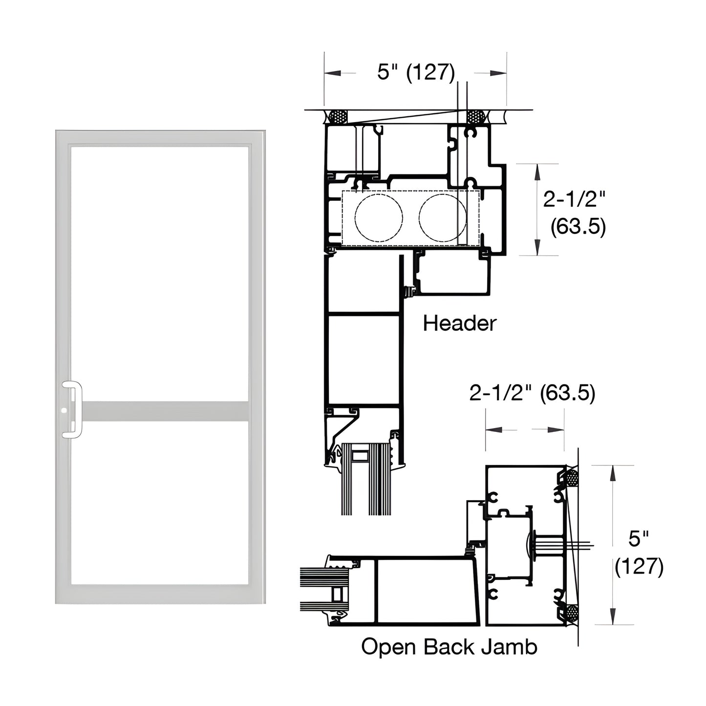 Custom Up/Over hurricane impact door frame (SKU 0P71911), Clear Anodized Class 1, 2-1/2" x 5", open-back jamb and header deta