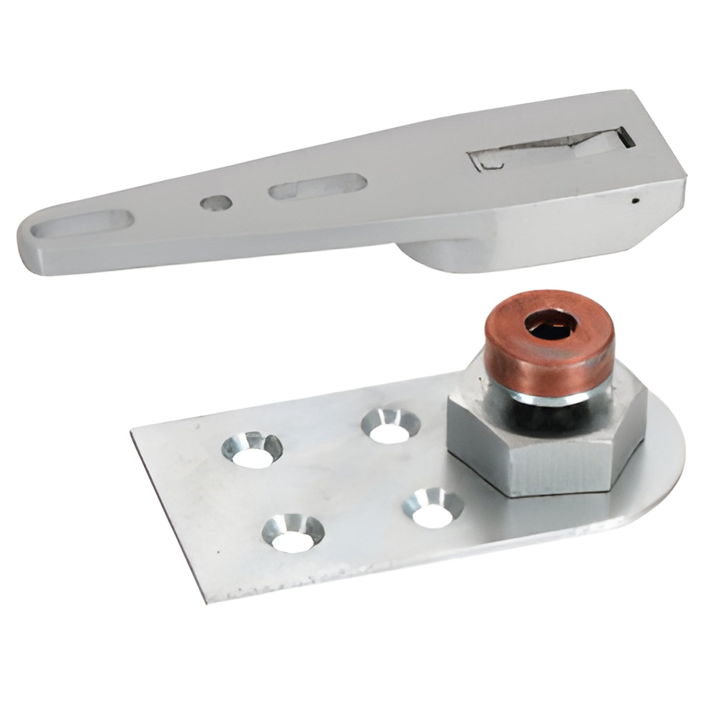 CRL8010ADJ adjustable door bottom pivot set - silver end-load arm and mounting plate with copper bushing.