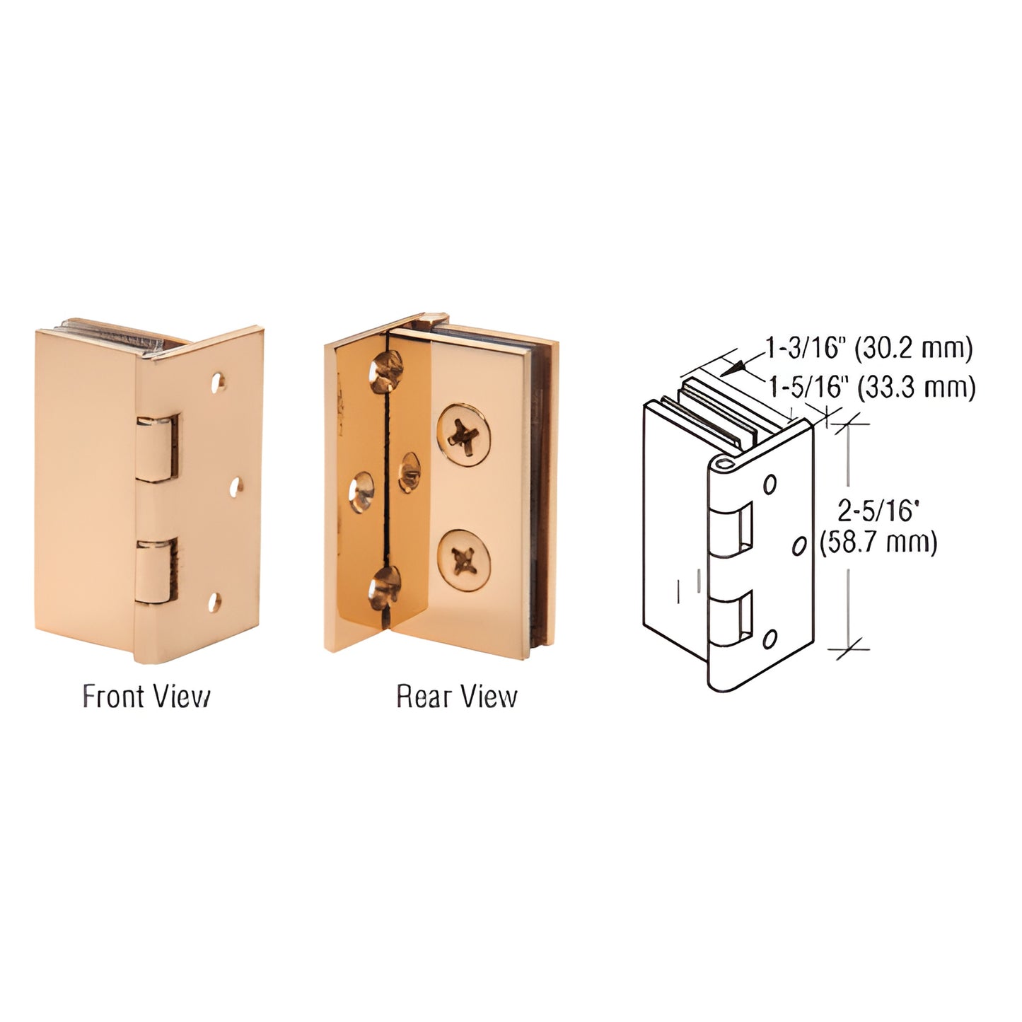 Polished brass wall-to-glass hinge EH244, front and rear views with dimensions - for 6-8mm tempered glass