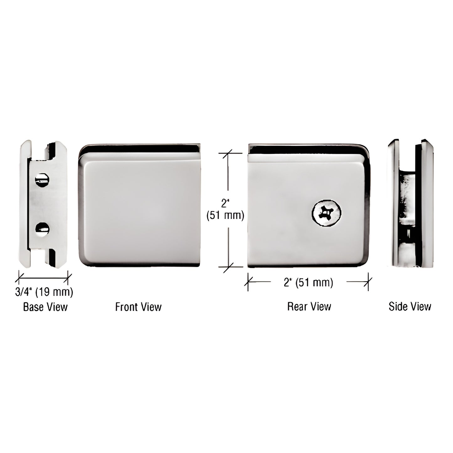 Beveled wall-mount shower glass clamp, brushed nickel brass, 2" square, for 3/8-1/2" (10-12mm) glass - SKU BGCU1SN.