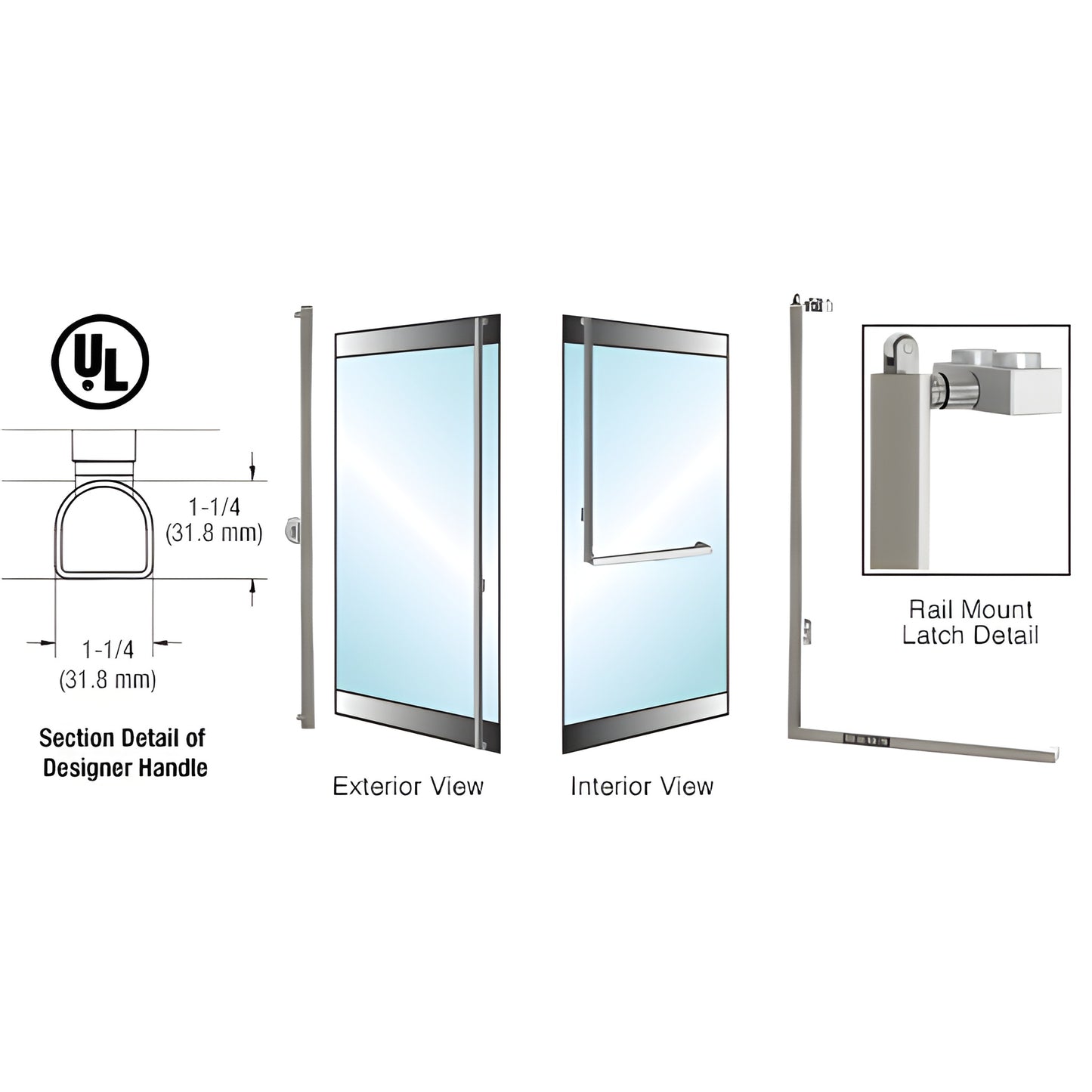 Brushed stainless 1-1/4" D-shape PA100 panic handle for tempered glass doors, exterior keyed, ADA-compliant (SKU 3DP100F4RKBS