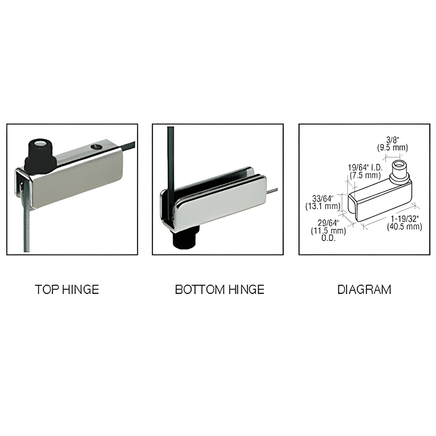 Polished chrome glass cabinet top and bottom hinge pair GDH5CH with nylon bushing and dimension diagram.