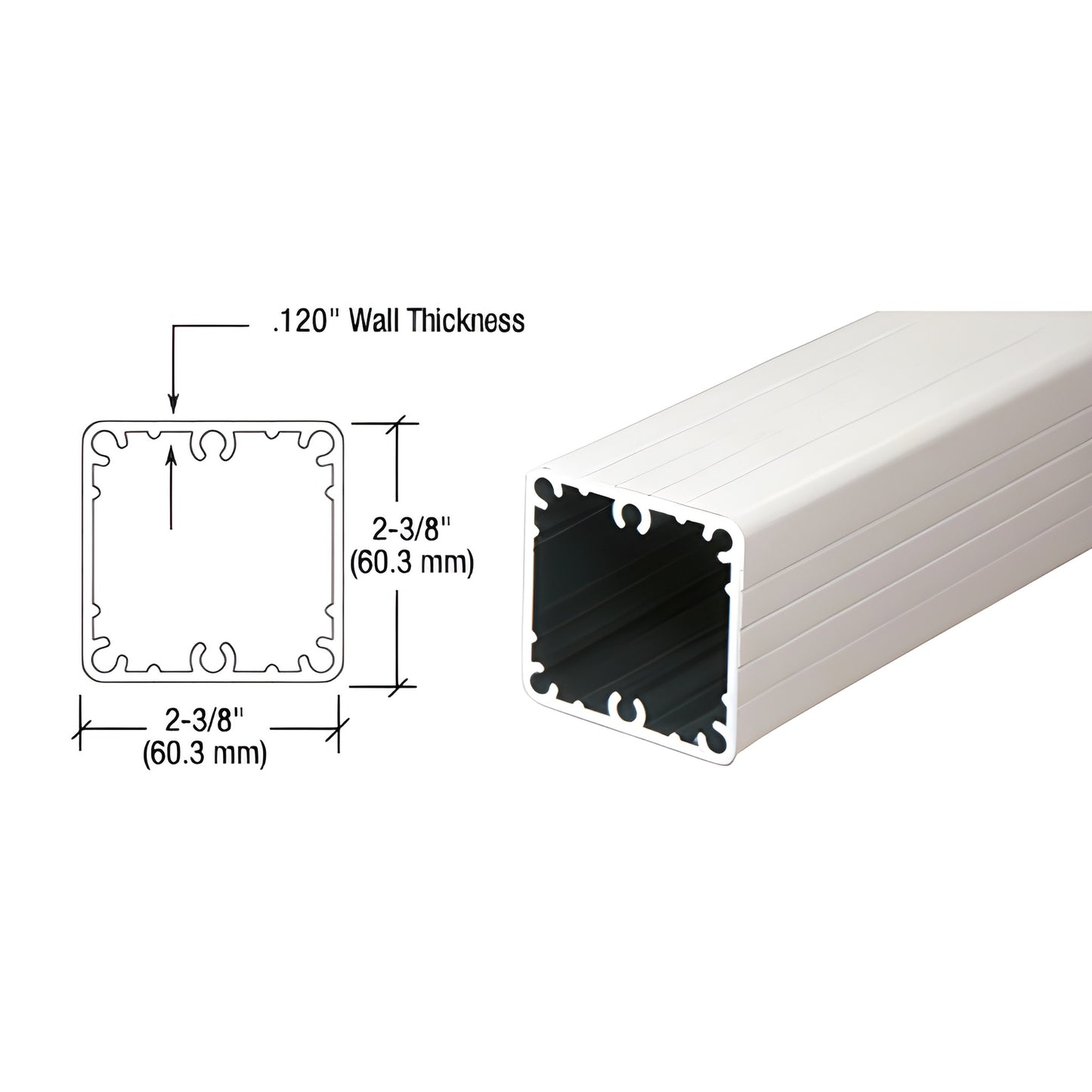 Sky White aluminum 2-3/8 in square fascia post SKU 1FP48W, 59 in length, .120 in wall with internal accessory slots