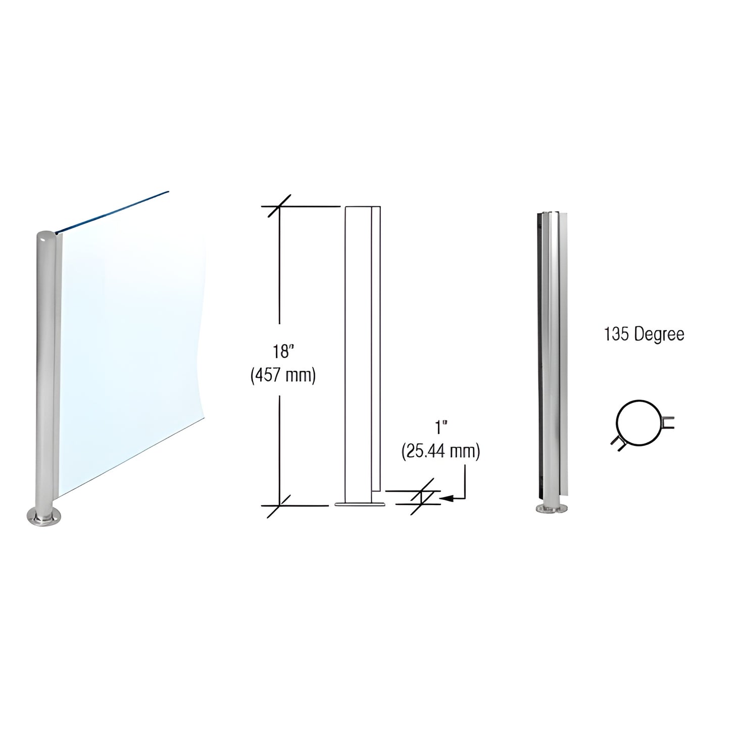 SBPP08ABS 18" brushed stainless 135 round partition post with U channel for 1/4" glass, flat cap