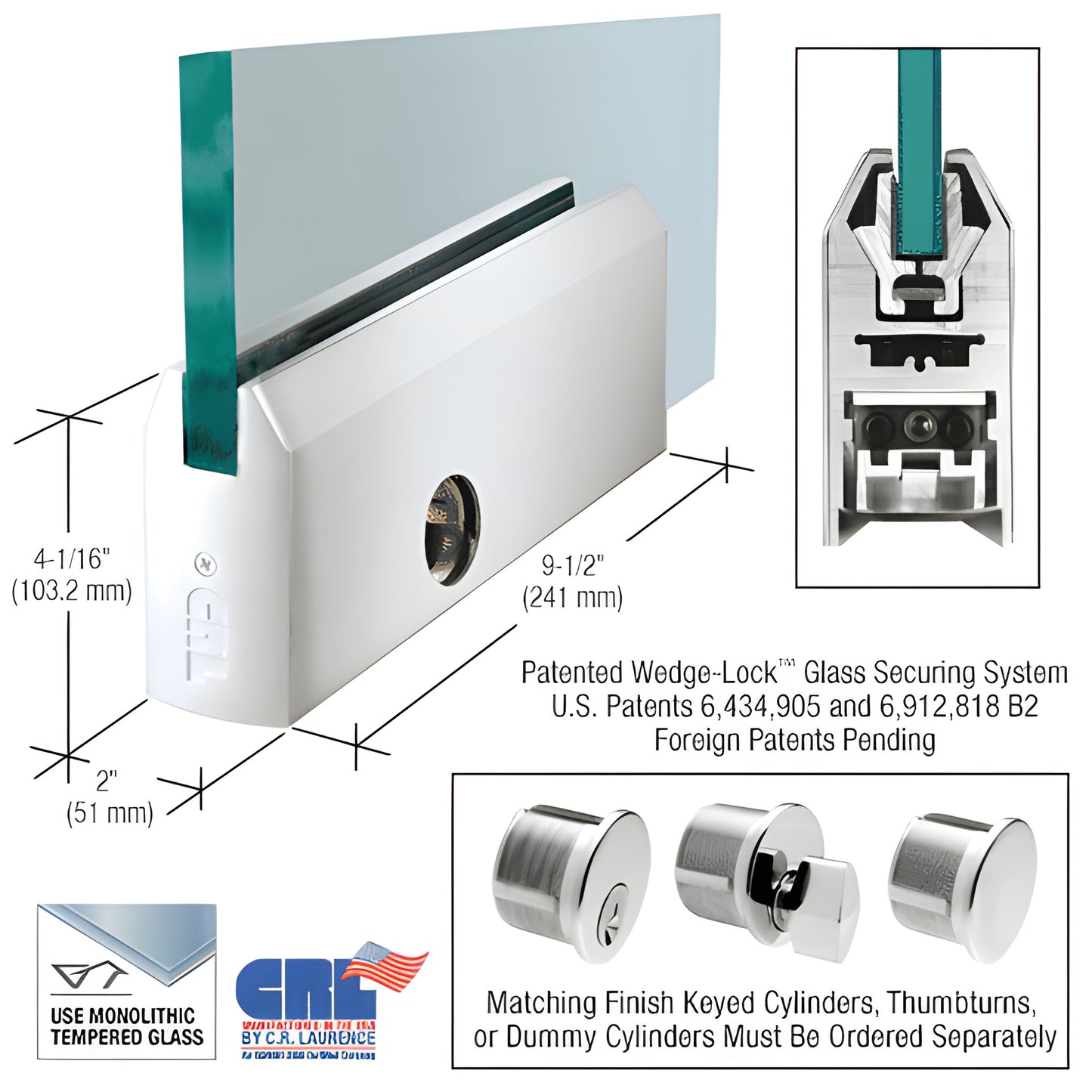 DR4TPS12PL 9-1/2" polished stainless tapered door rail patch for 1/2" (12mm) glass with Wedge-Lock locking system