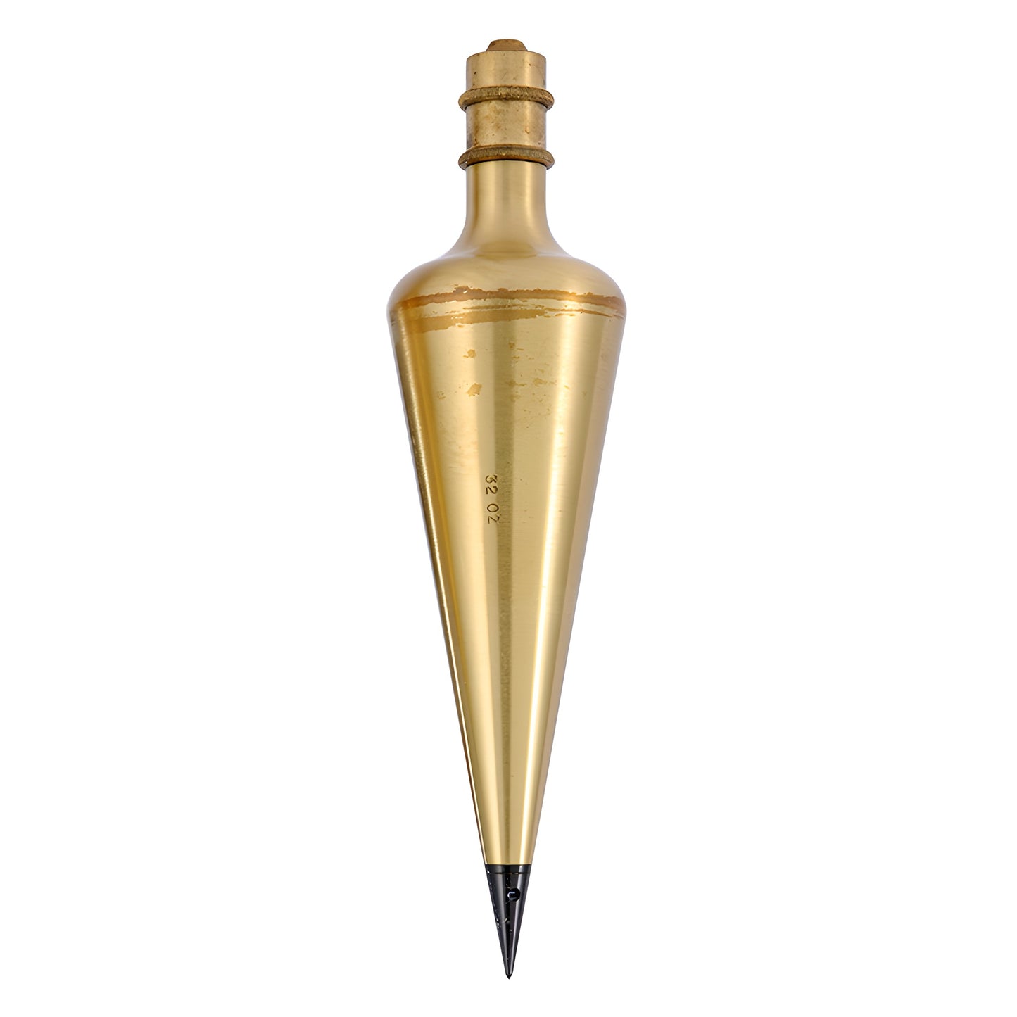 Brass plumb bob with lacquered finish, self-centering cord cap and hardened steel point, 7-1/2 in (SKU 80032)