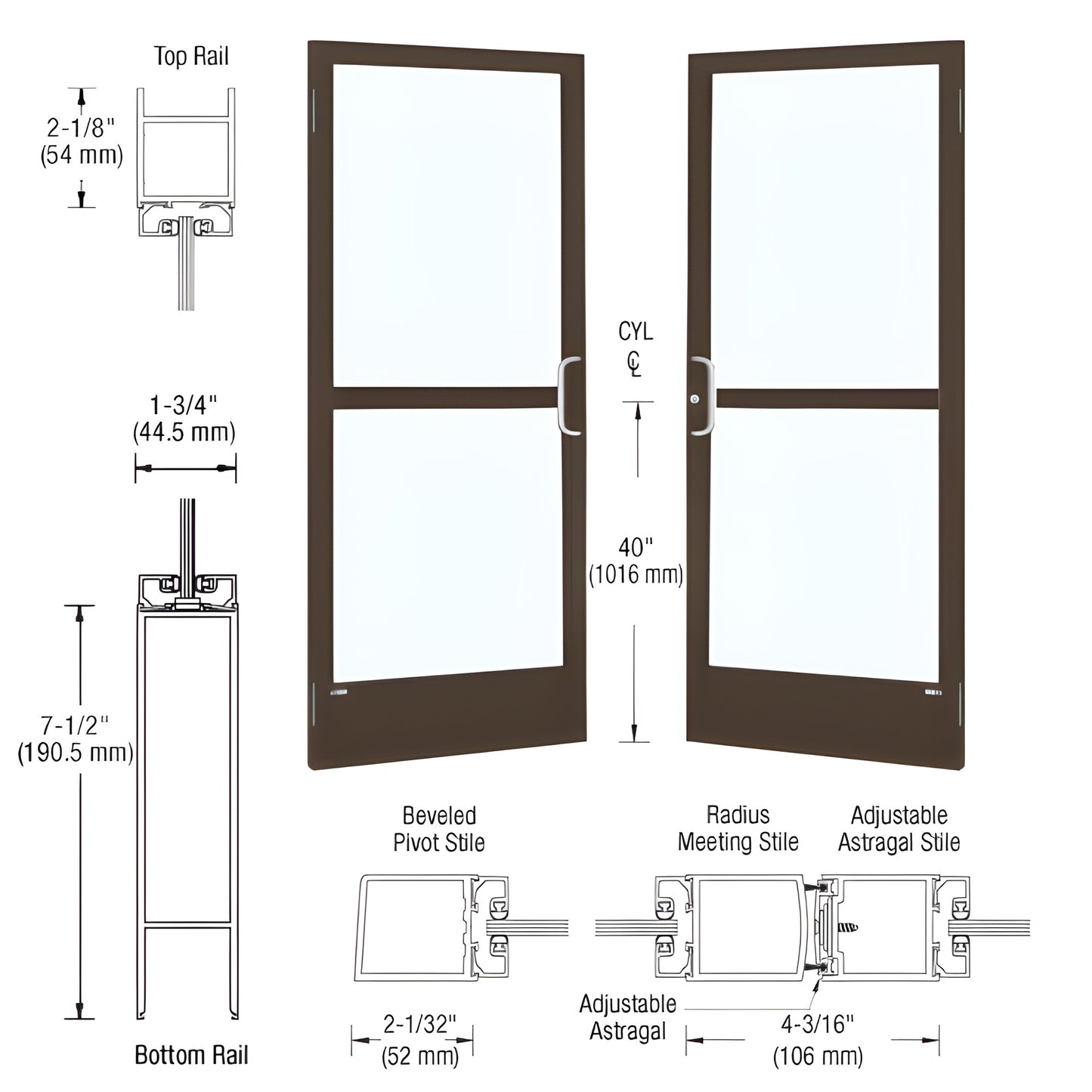 HZ22522 black bronze anodized narrow-stile glass entrance door pair, 2" stiles, 2-1/8" top rail, 7-1/2" bottom rail, hardware