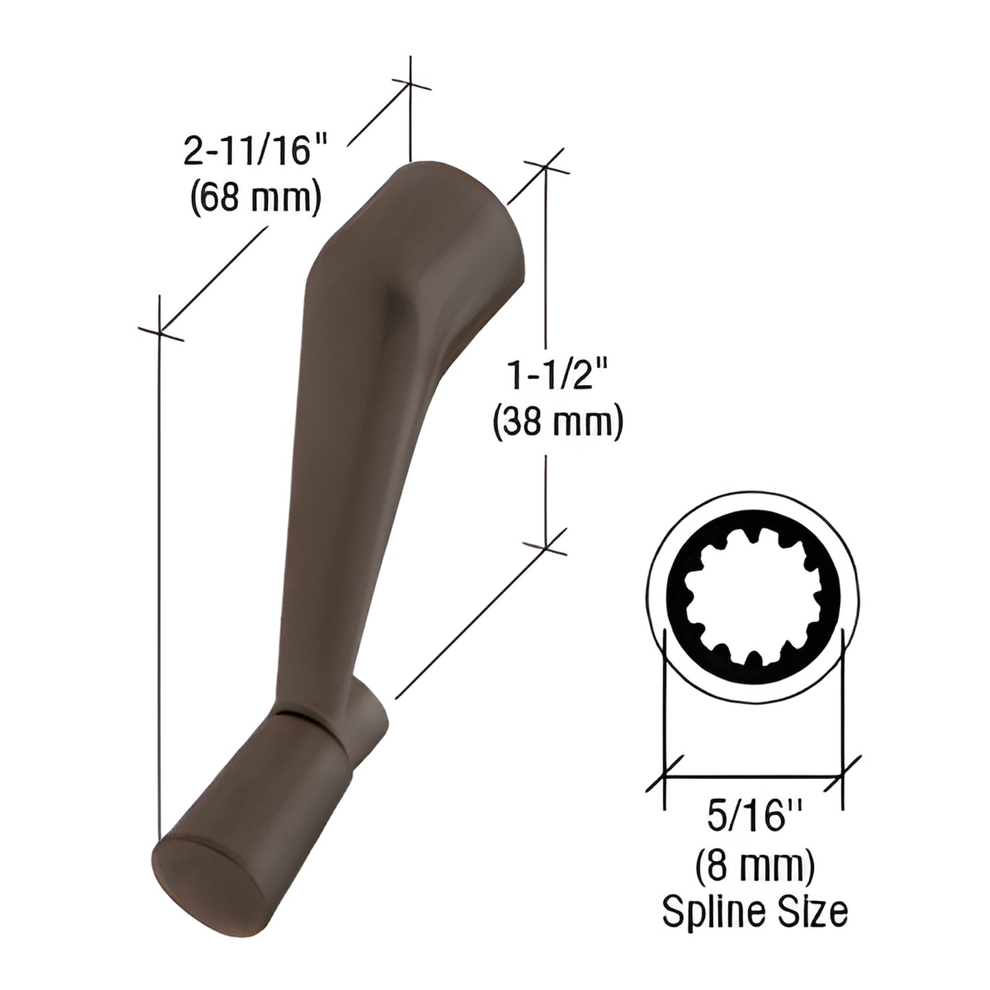Bronze casement window operator handle (SKU H3532), diecast, 5/16" (8mm) spline, 1-1/2" height, 2-11/16" protrusion.