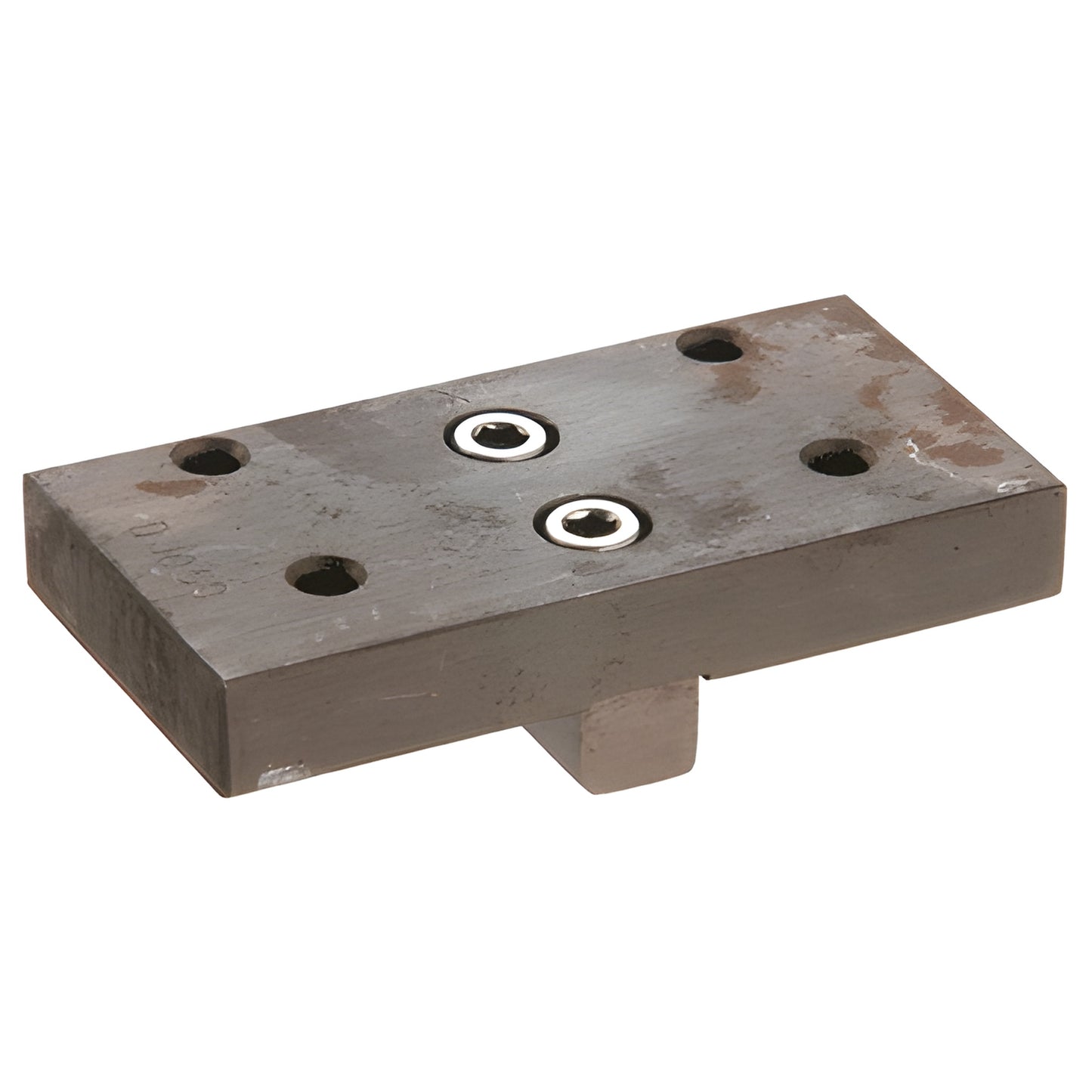 CRL DJ050 mill-finish rectangular drill jig with four guide holes, two recessed bushing holes and central locating tab.