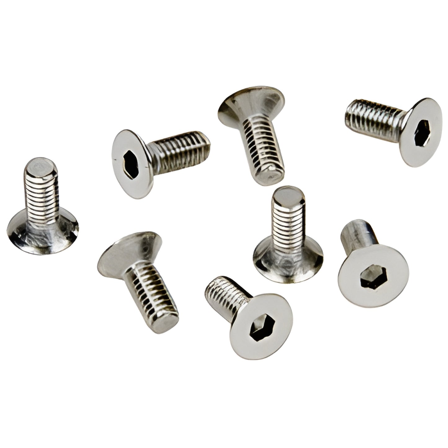 Pack of 8 M6 6x12mm flat-head hex drive stainless screws, brushed satin chrome (SKU A612BSC)