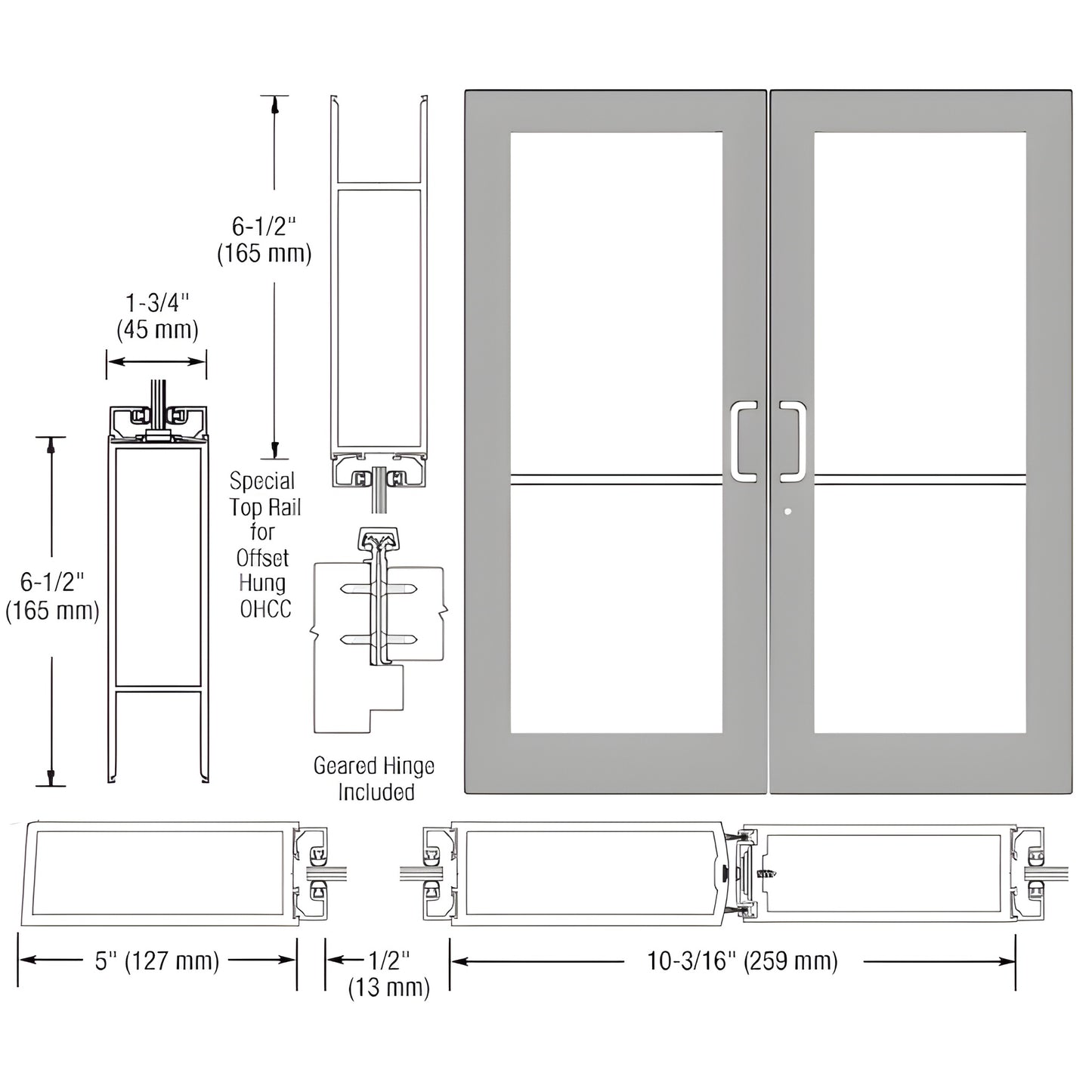 Double custom wide-stile entrance door diagram, clear anodized, 5" stiles, 6-1/2" bottom rail, SKU DC52911