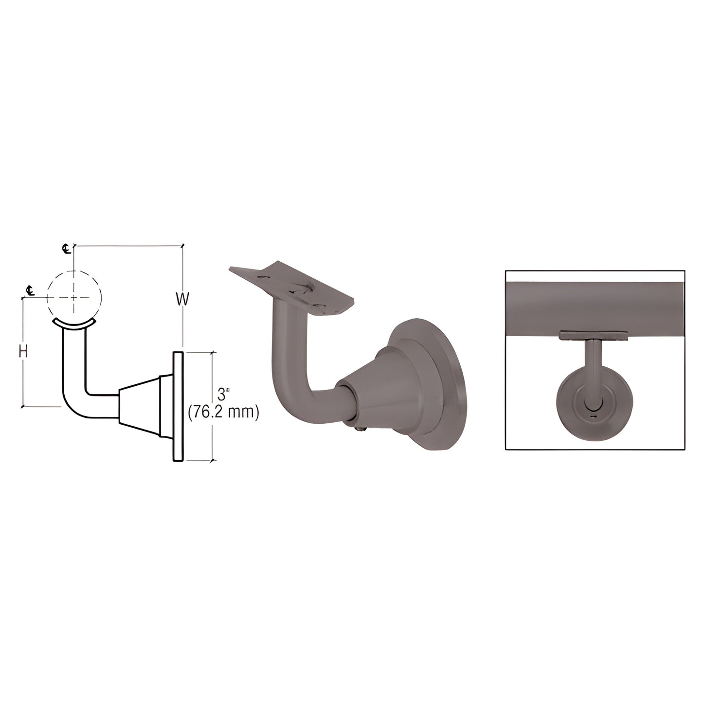 HR2DWDU adjustable wall-mounted handrail bracket, black bronze anodized aluminum, fits 1-1/2-2" tubing.