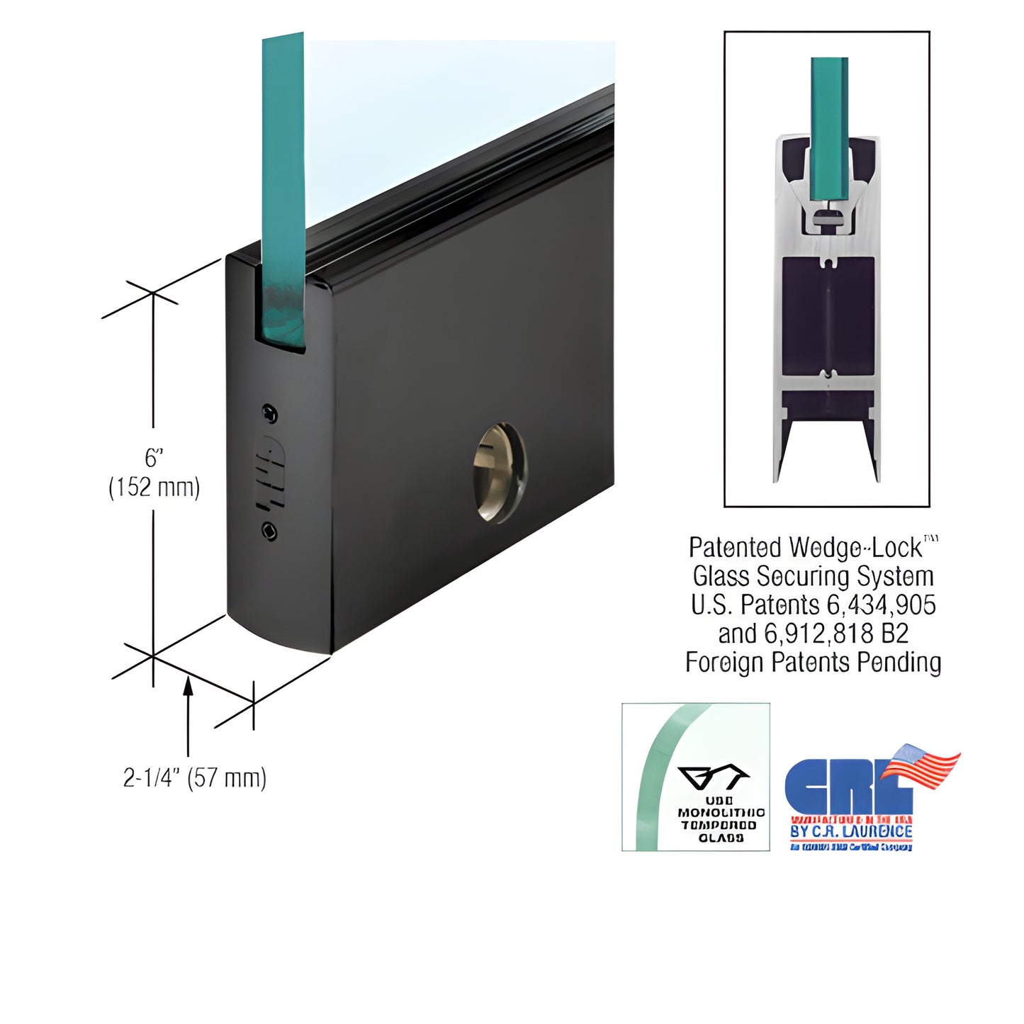Gloss black 6" CRL Wedge-Lock door bottom rail for 3/4" tempered glass with integrated lock (SKU: DR6SBL34CL)