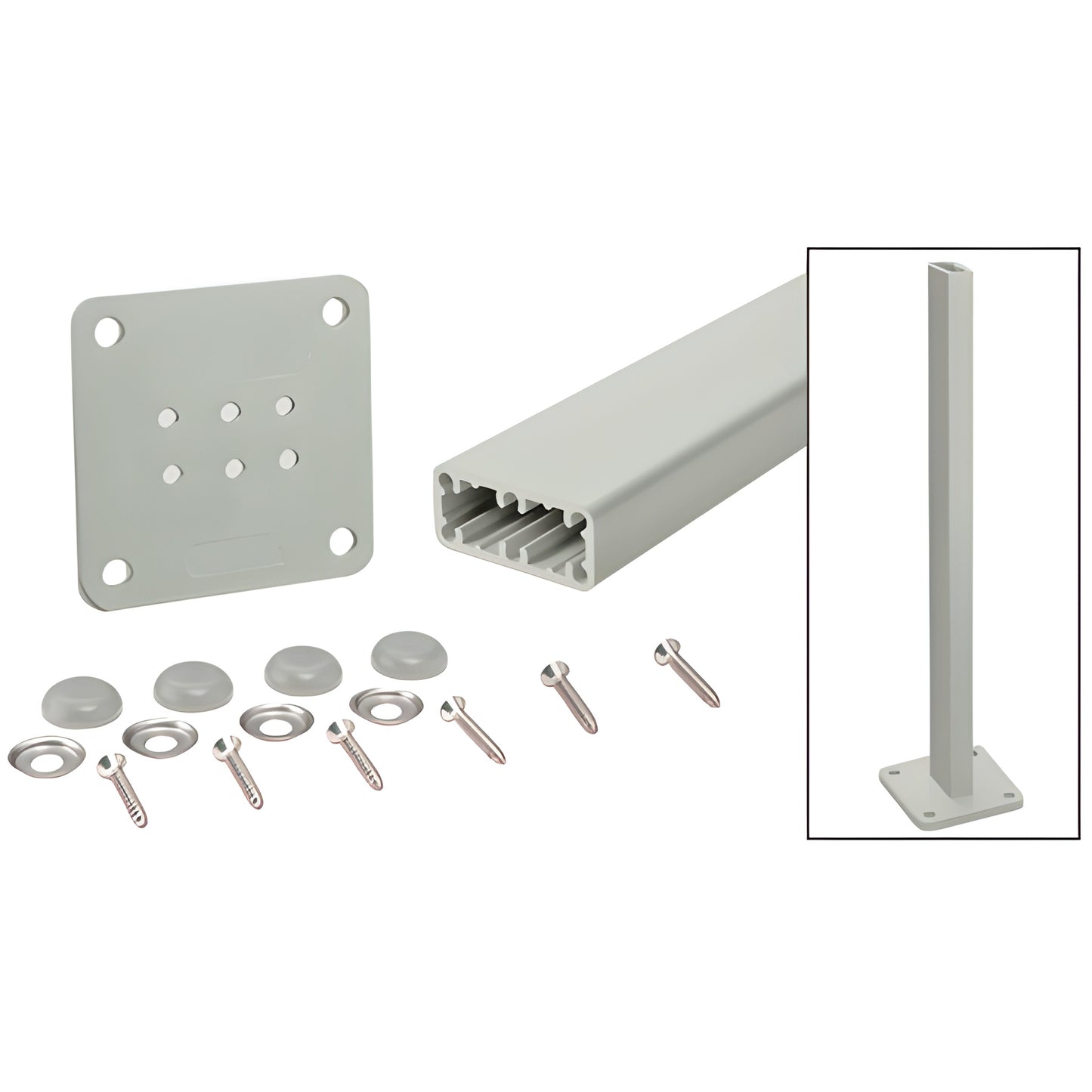 HPT42KCA aluminum 42 in trim-line surface-mount post kit with base plate, gasket, screws, washers, and bolt cover buttons.