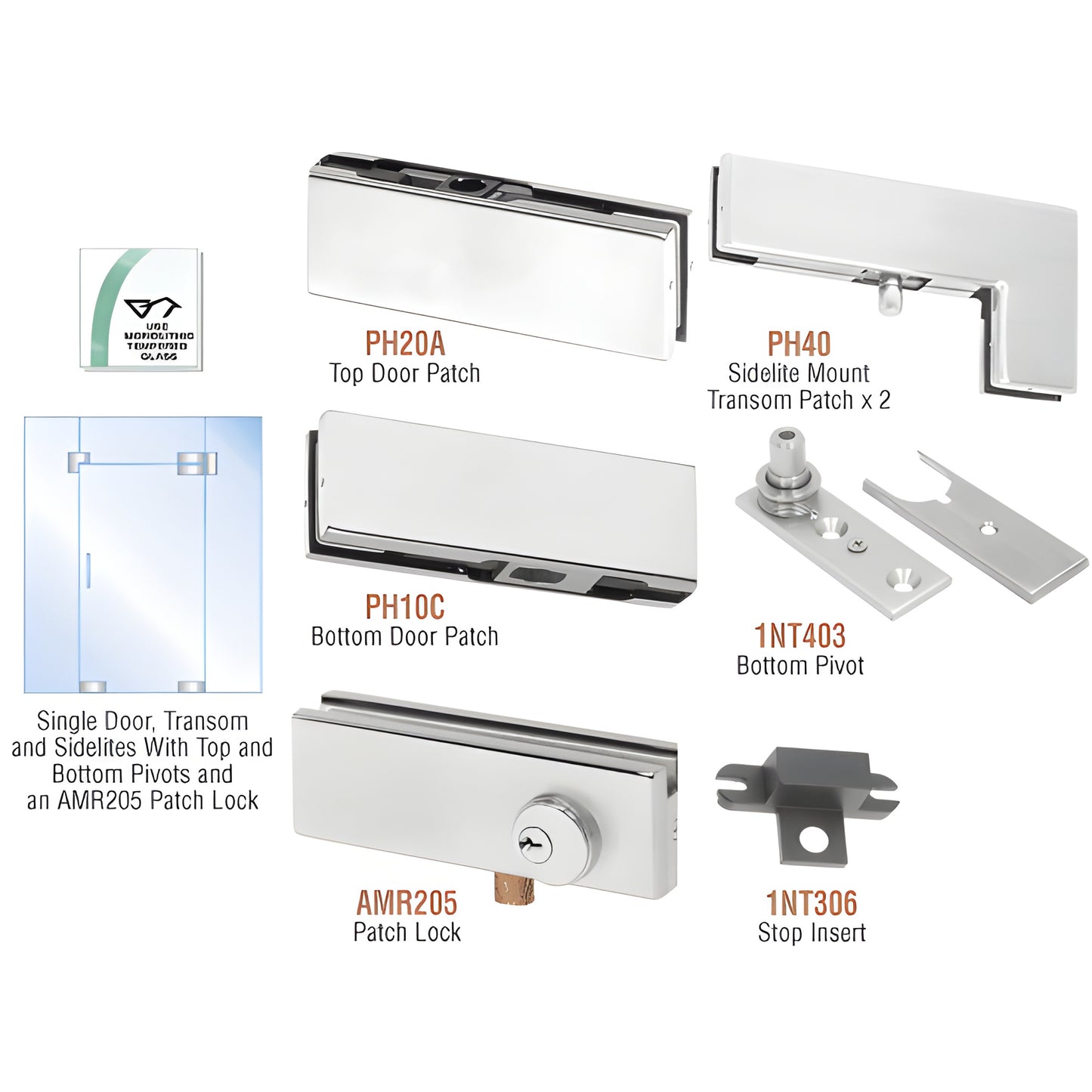 PHA5LA glass door hardware kit - anodized patches, pivots and stop for 3/8-1/2" tempered glass