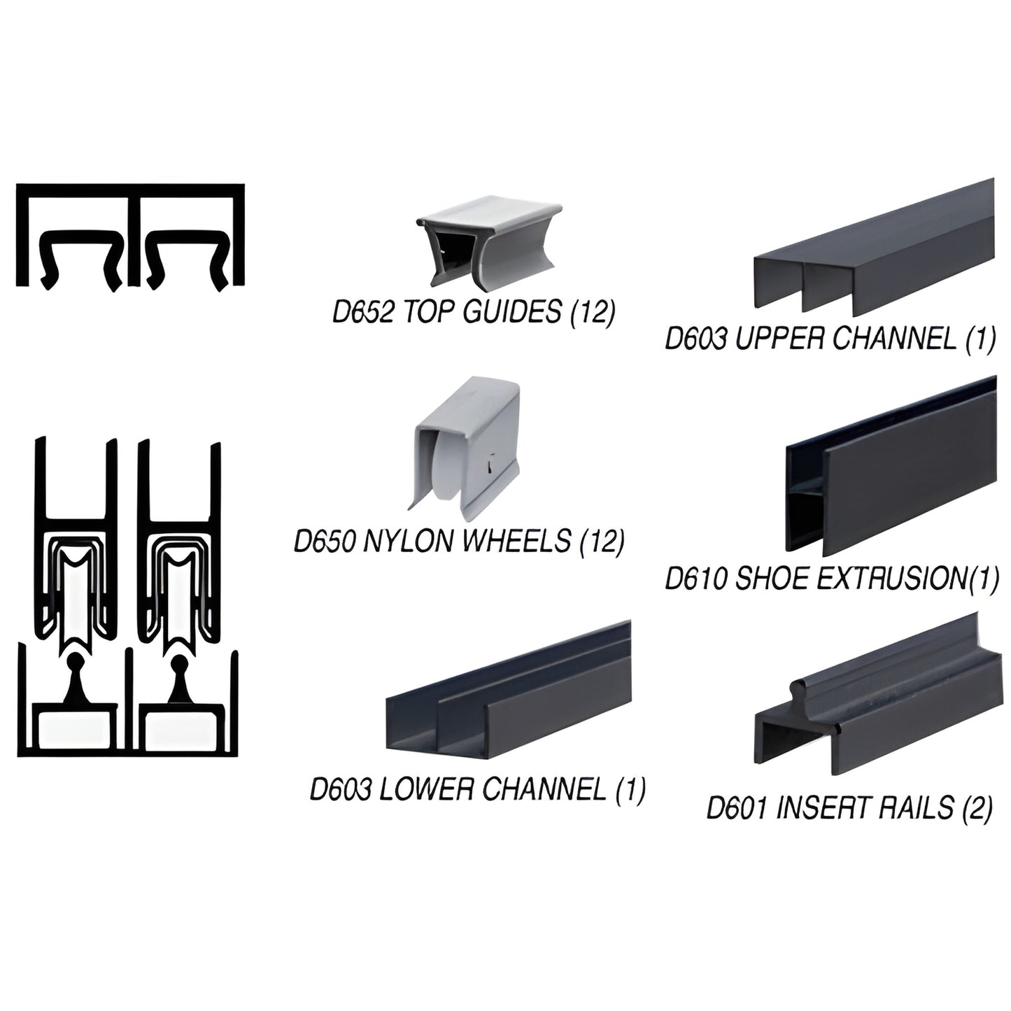 D2301BL flat black aluminum 12' deluxe sliding door rolling track assembly with D650 nylon wheels and channels