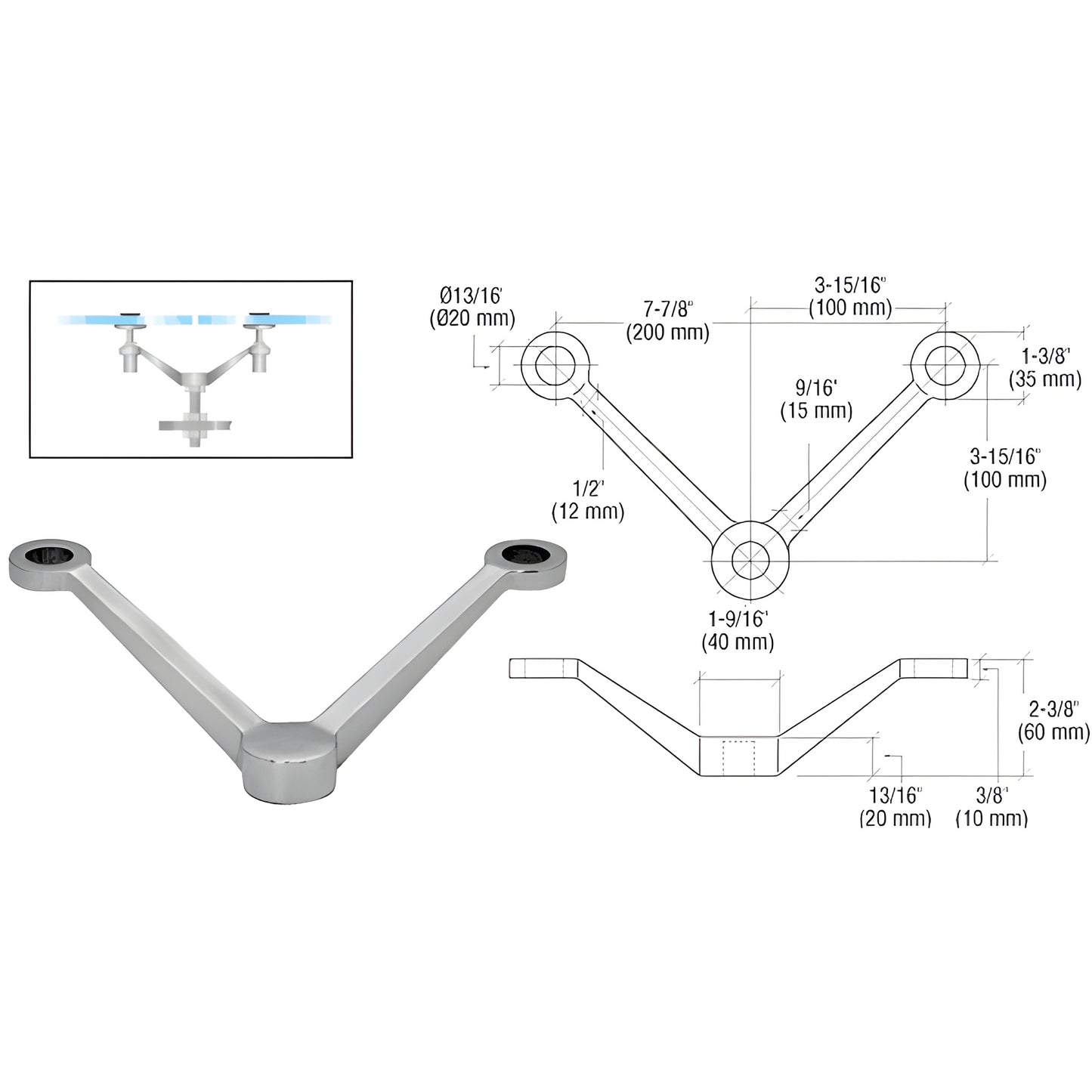 PMR2VBS SS V-shaped post mount glass fitting for 1/2" tempered glass; mounts to end or center post, hardware included.