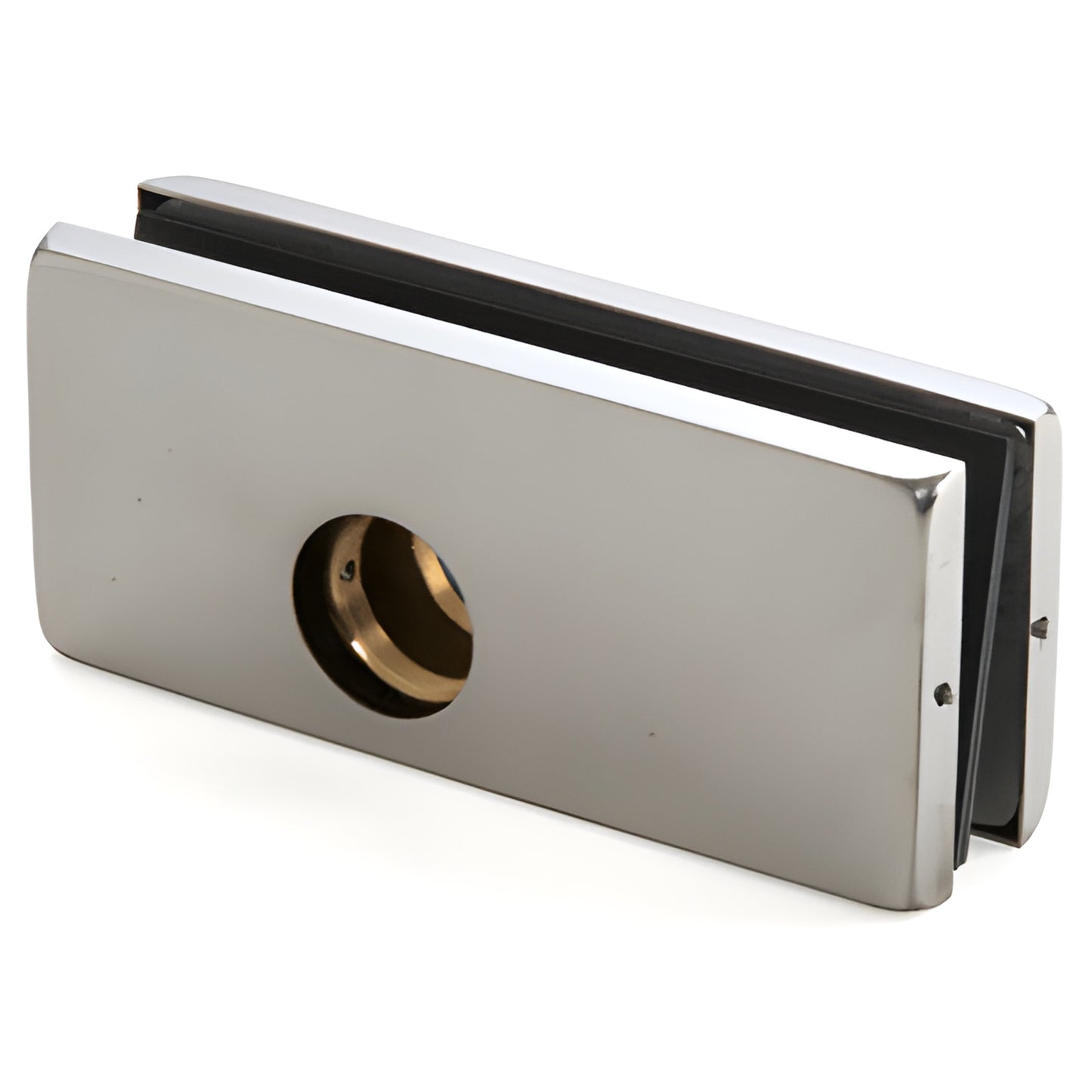 Polished stainless steel patch lock AR2034PS for 3/4" (19mm) glass, corner mount, tall profile with cylinder hole.