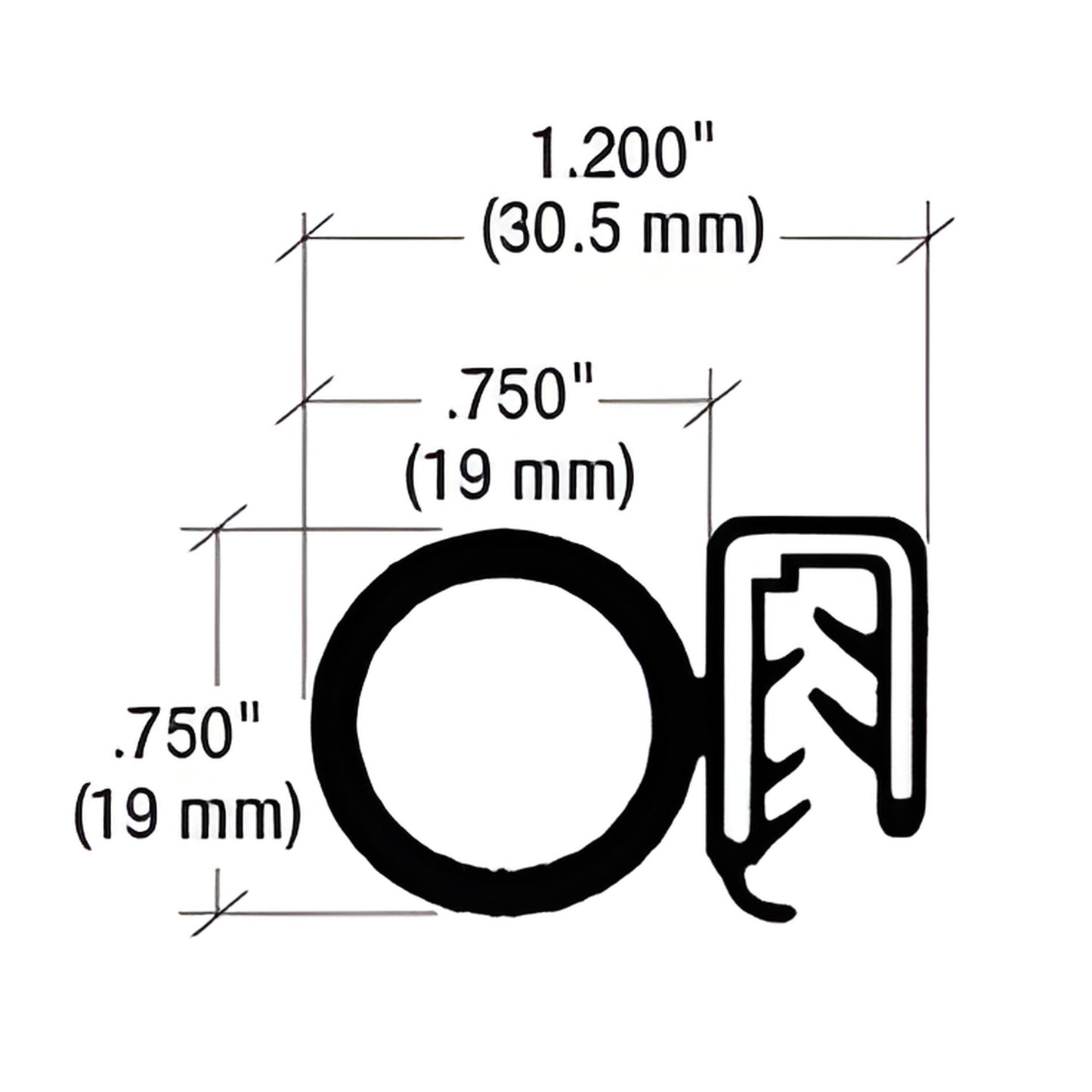 Black push-on trim seal cross-section, round 0.75" bulb with barbed clip edge, 1.200" overall width.