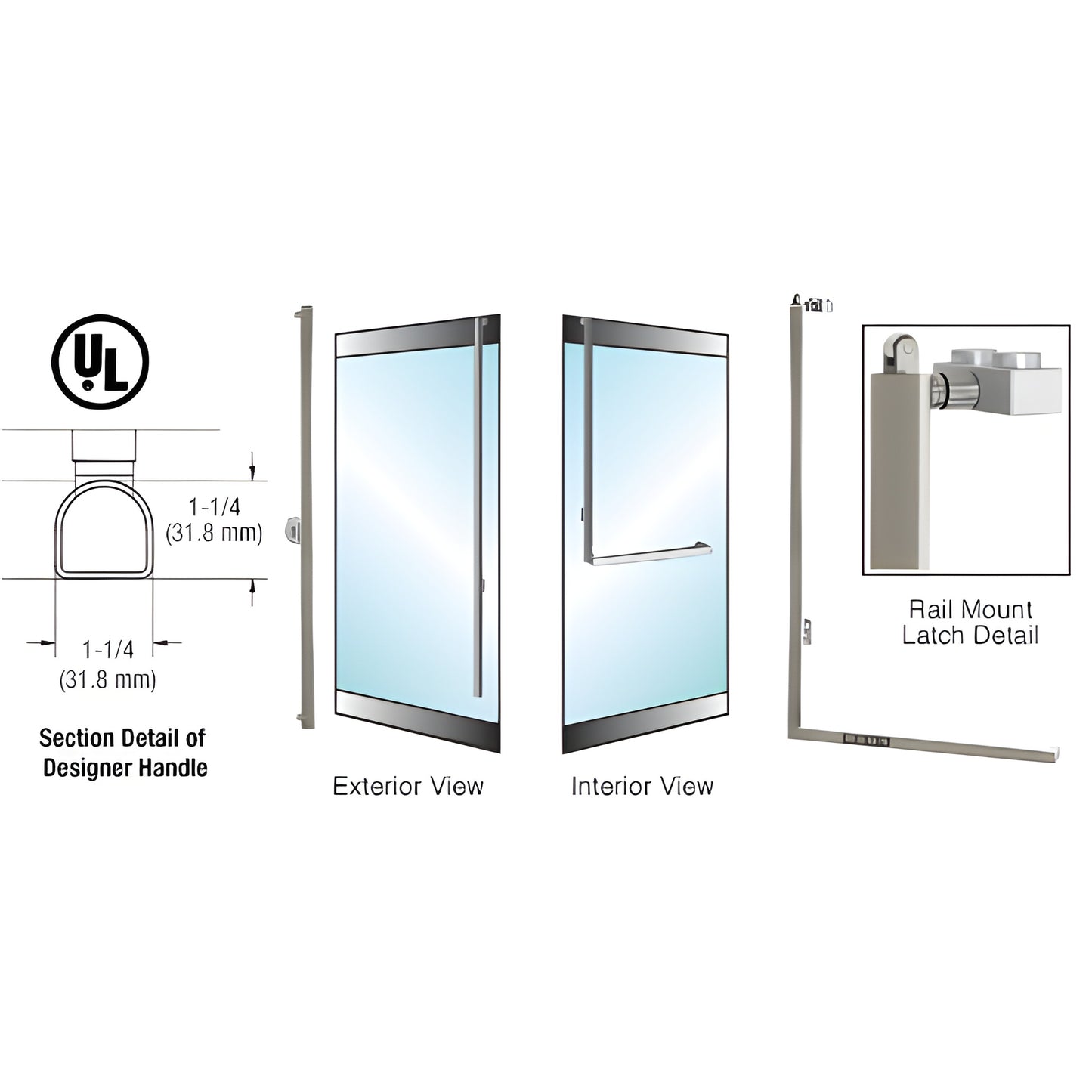 PA100 panic exit handle (SKU 3DP100FS4RKBS) brushed stainless, 1-1/4" D-shape rail-mount for 1/2-3/4" tempered glass doors